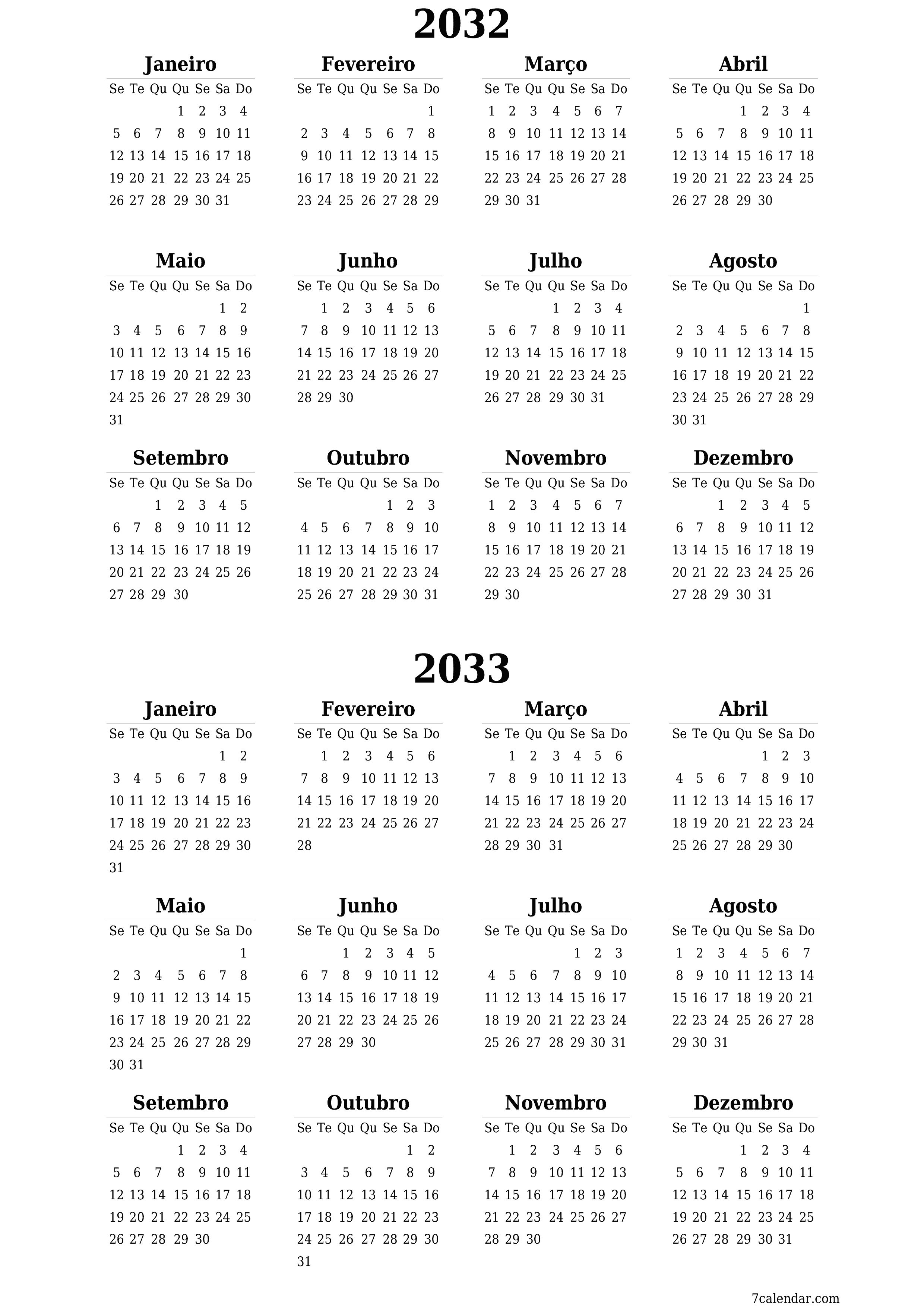 Calendário de planejador anual vazio para o ano 2032, 2033 com notas, salve e imprima em PDF PNG Portuguese