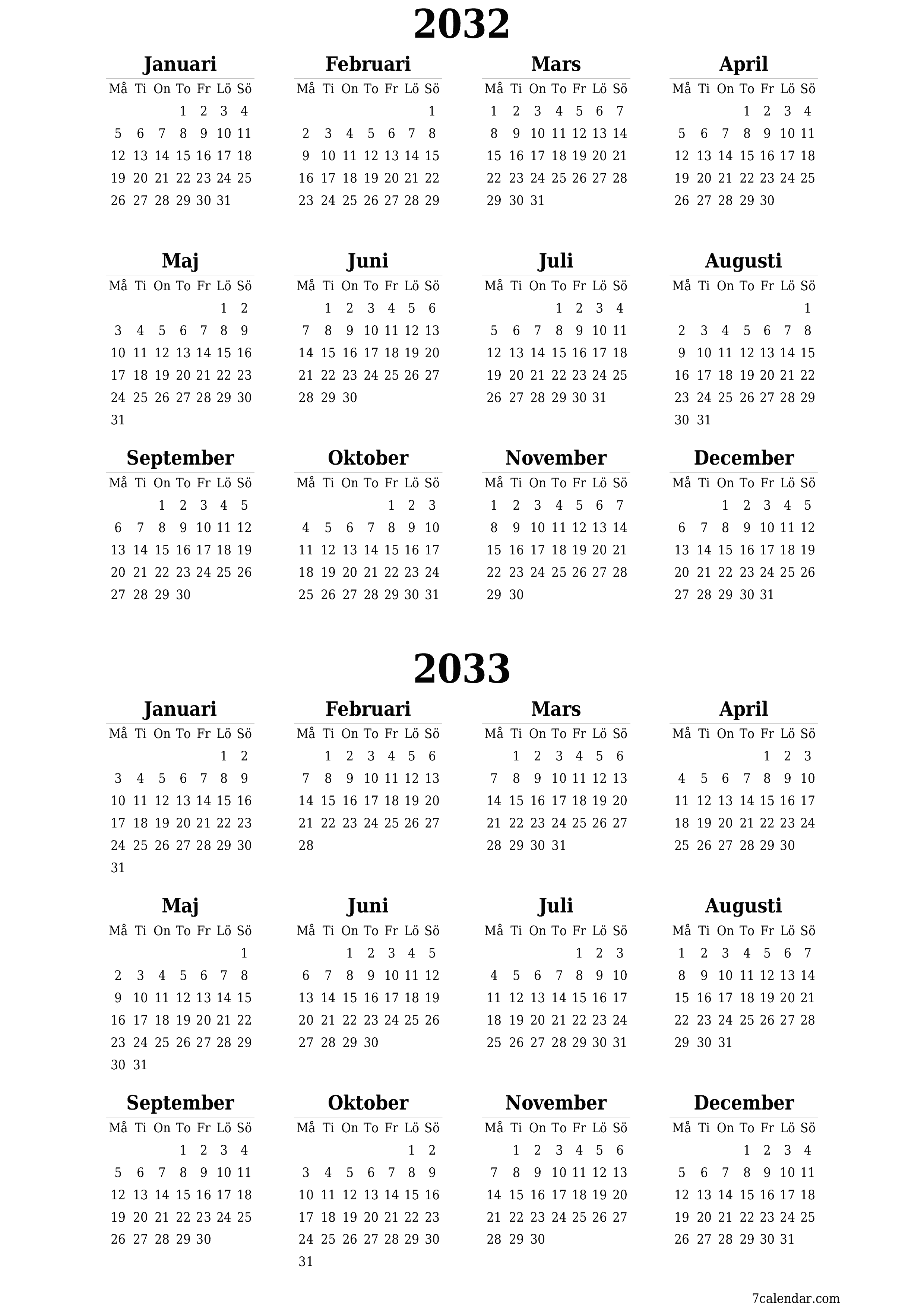 Tom årlig planeringskalender för året 2032, 2033 med anteckningar, spara och skriv ut till PDF PNG Swedish