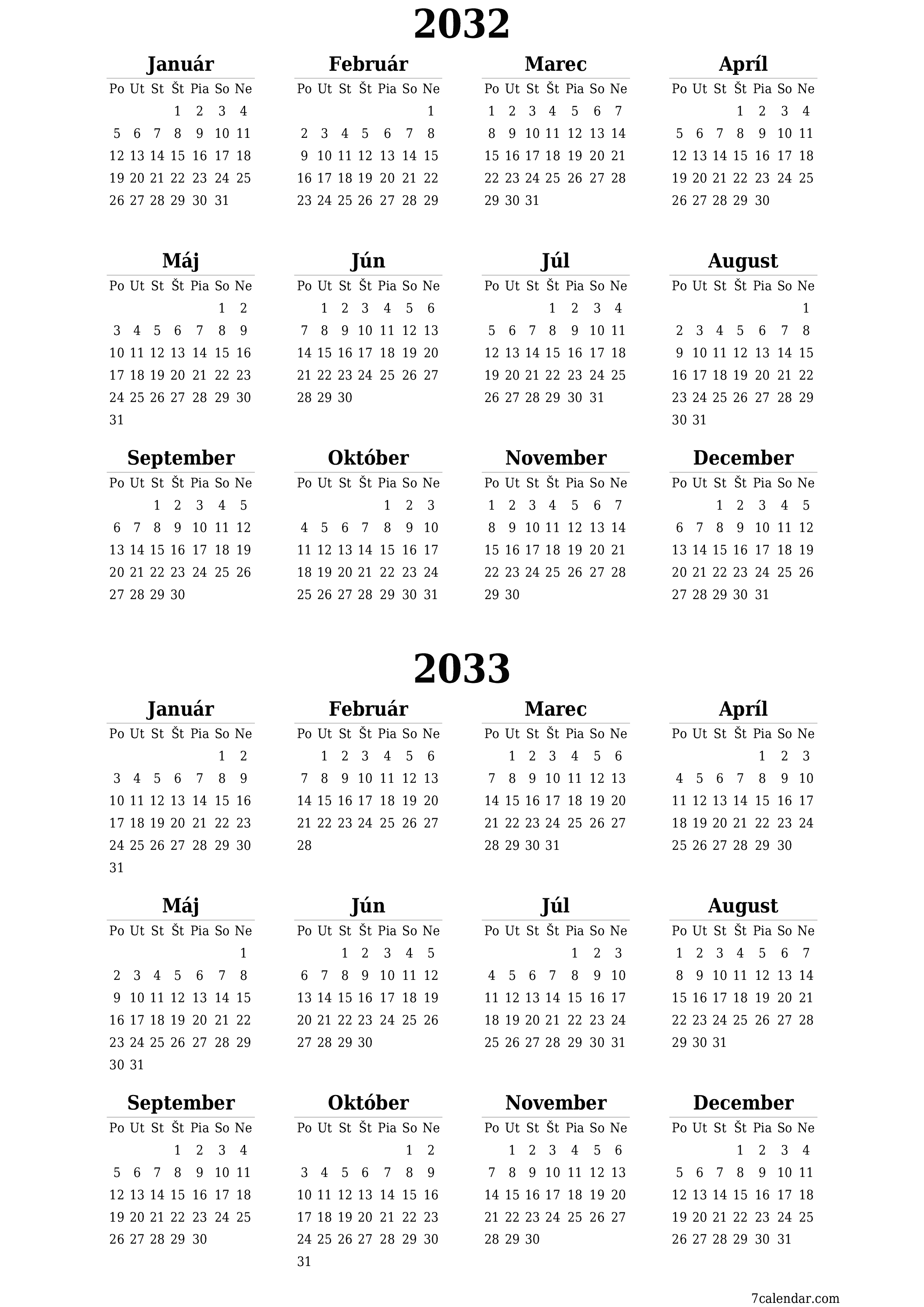 Prázdny ročný kalendár plánovača na rok 2032, 2033 s poznámkami, uložením a tlačou do formátu PDF PNG Slovak