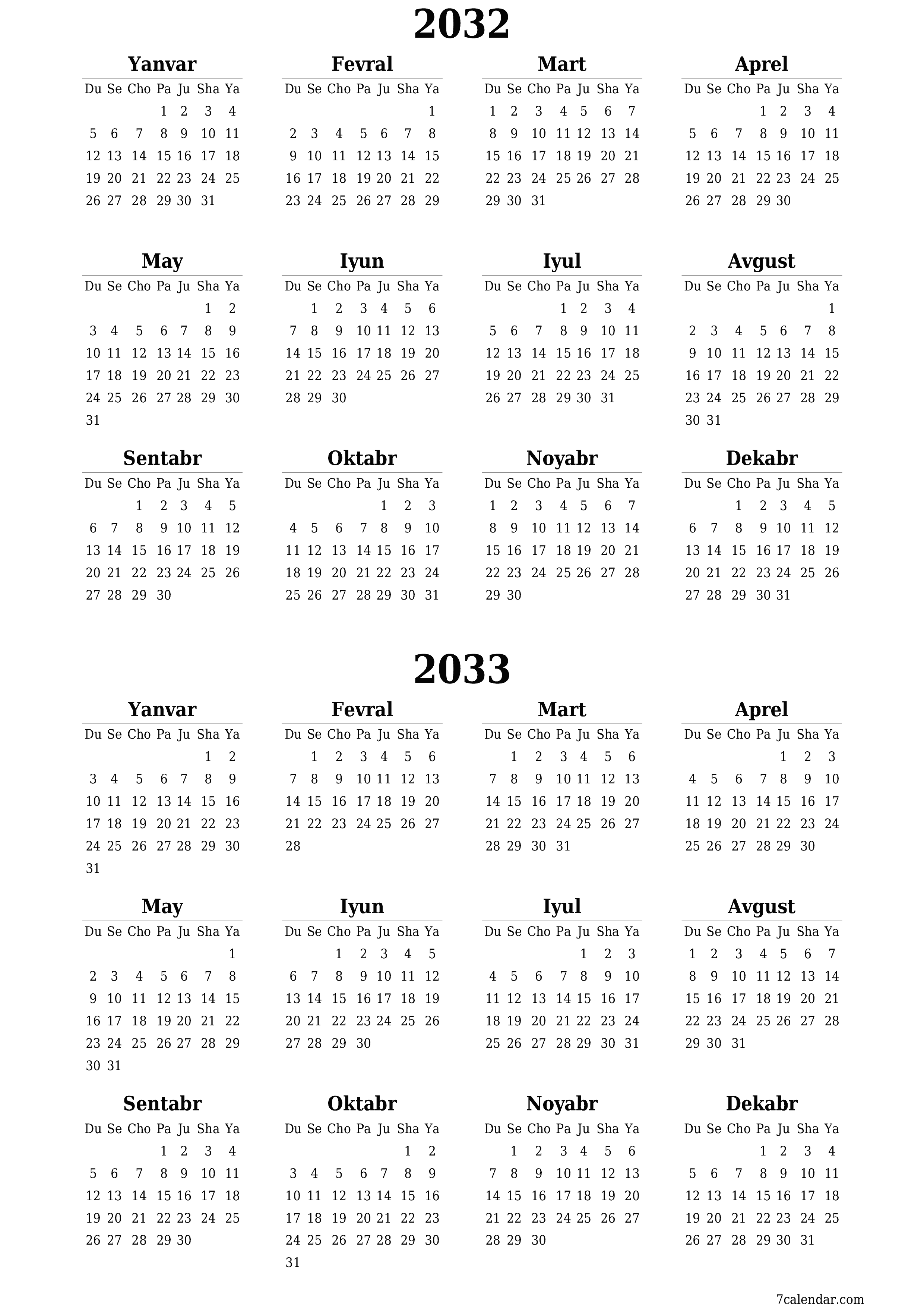 chop etiladigan devor taqvimi shabloni bepul vertikal Yillik kalendar Iyun (Iyun) 2032