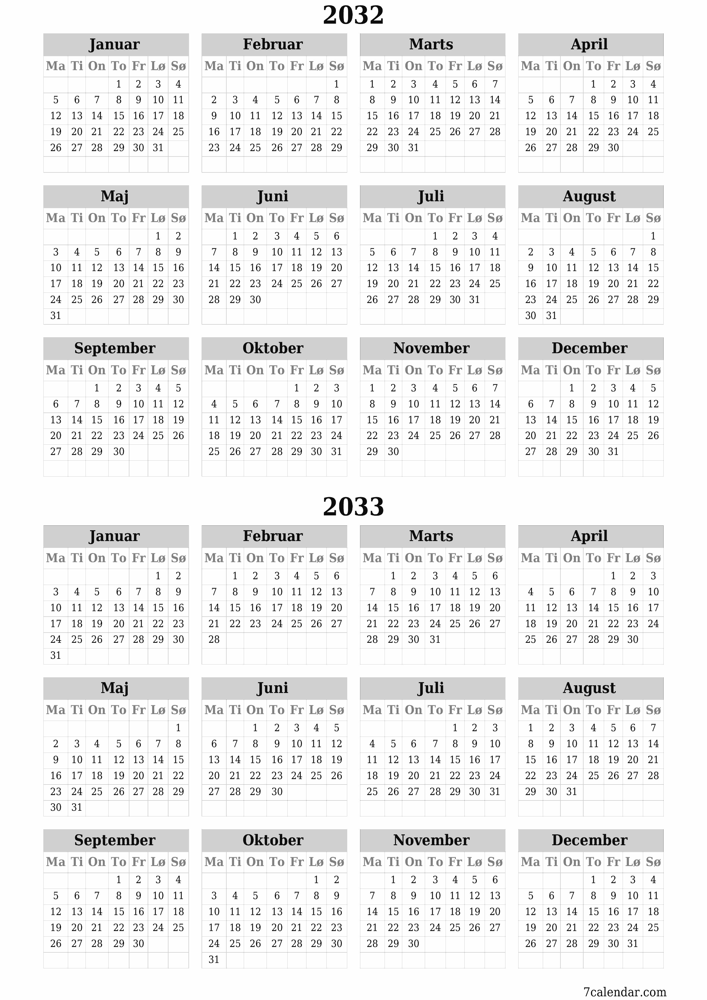 Tom årlig planlægningskalender for året 2032, 2033 med noter, gem og udskriv til PDF PNG Danish