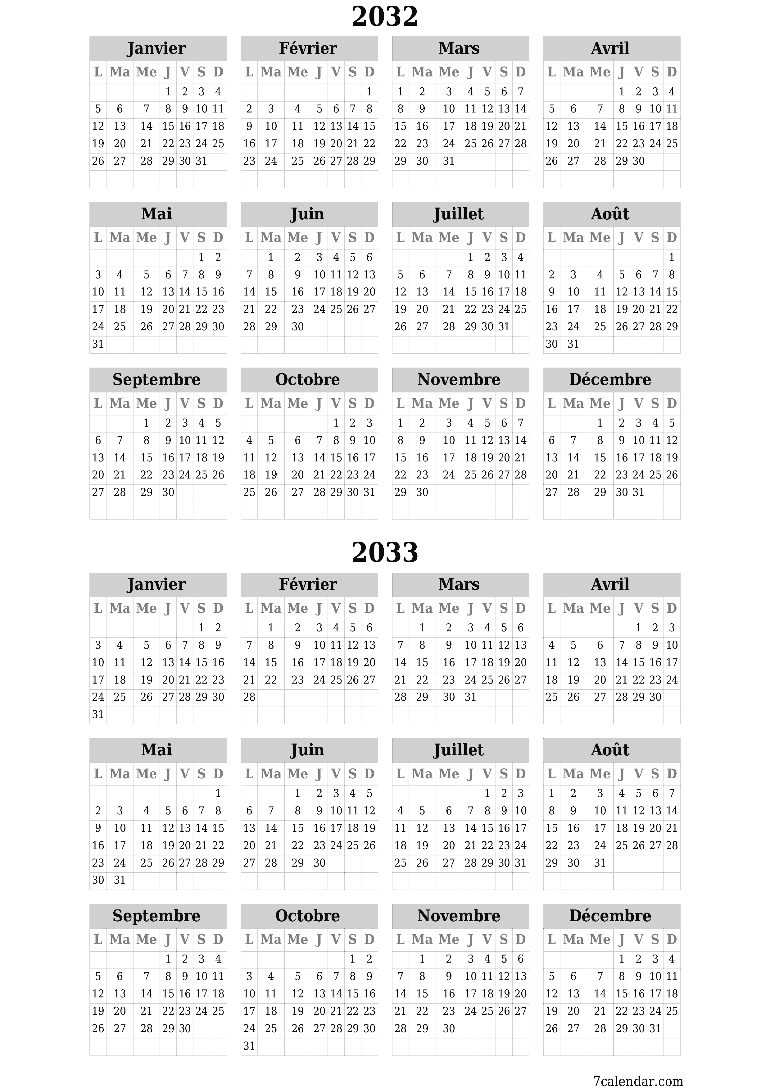 Calendrier annuel vide pour l'année 2032, 2033 avec notes, enregistrer et imprimer au format PDF PNG French