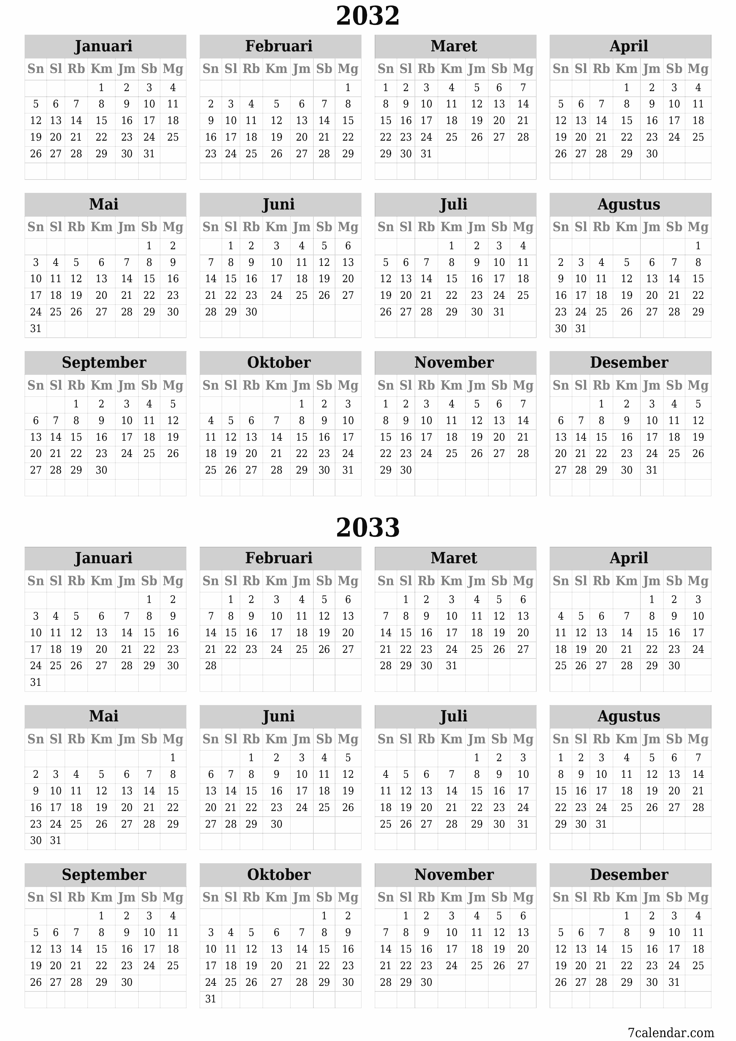 Kosongkan kalender perencana tahunan untuk tahun ini 2032, 2033 dengan catatan, simpan dan cetak ke PDF PNG Indonesian