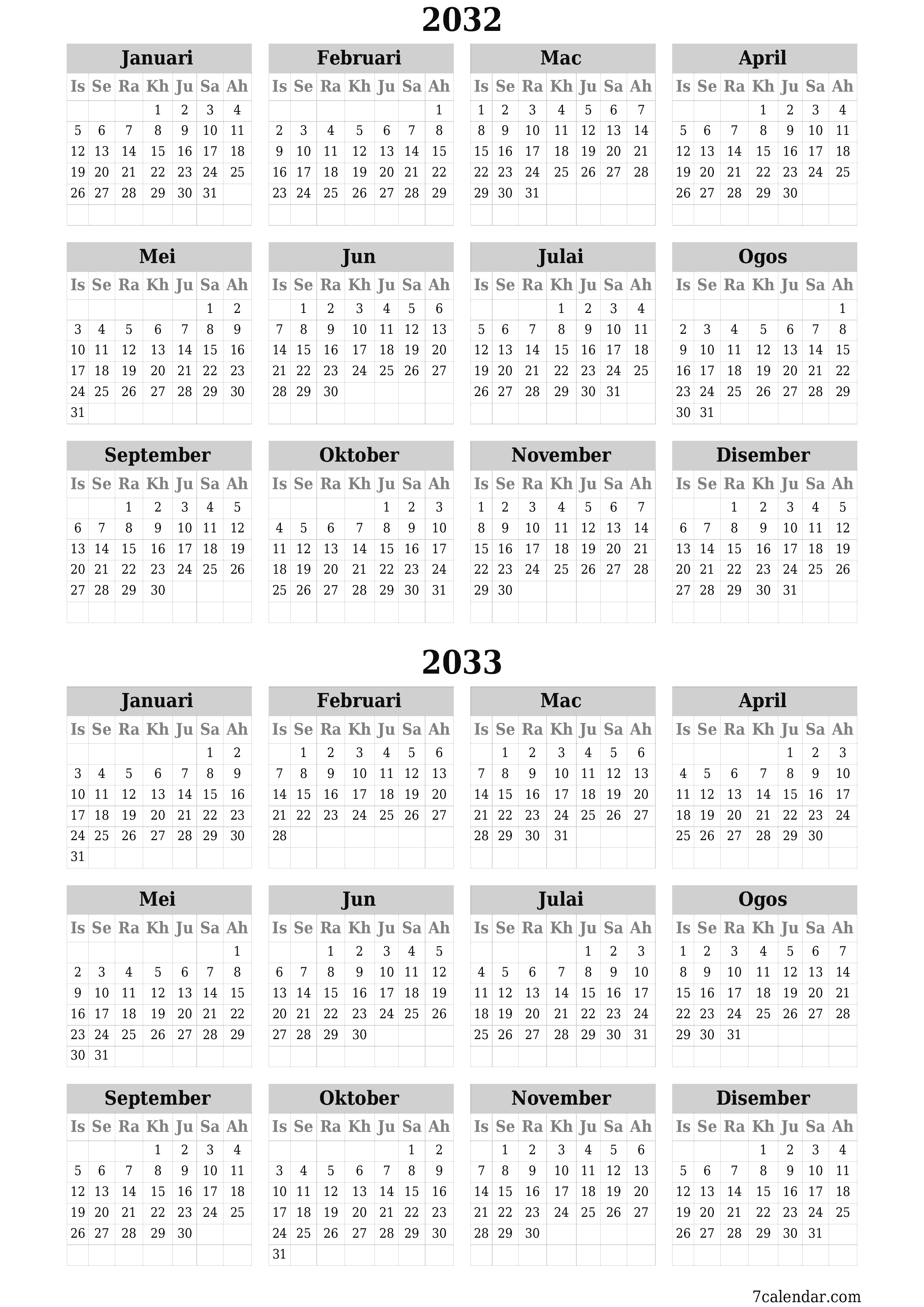 Kalendar perancang tahunan kosong untuk tahun ini 2032, 2033 dengan nota, simpan dan cetak ke PDF PNG Malay