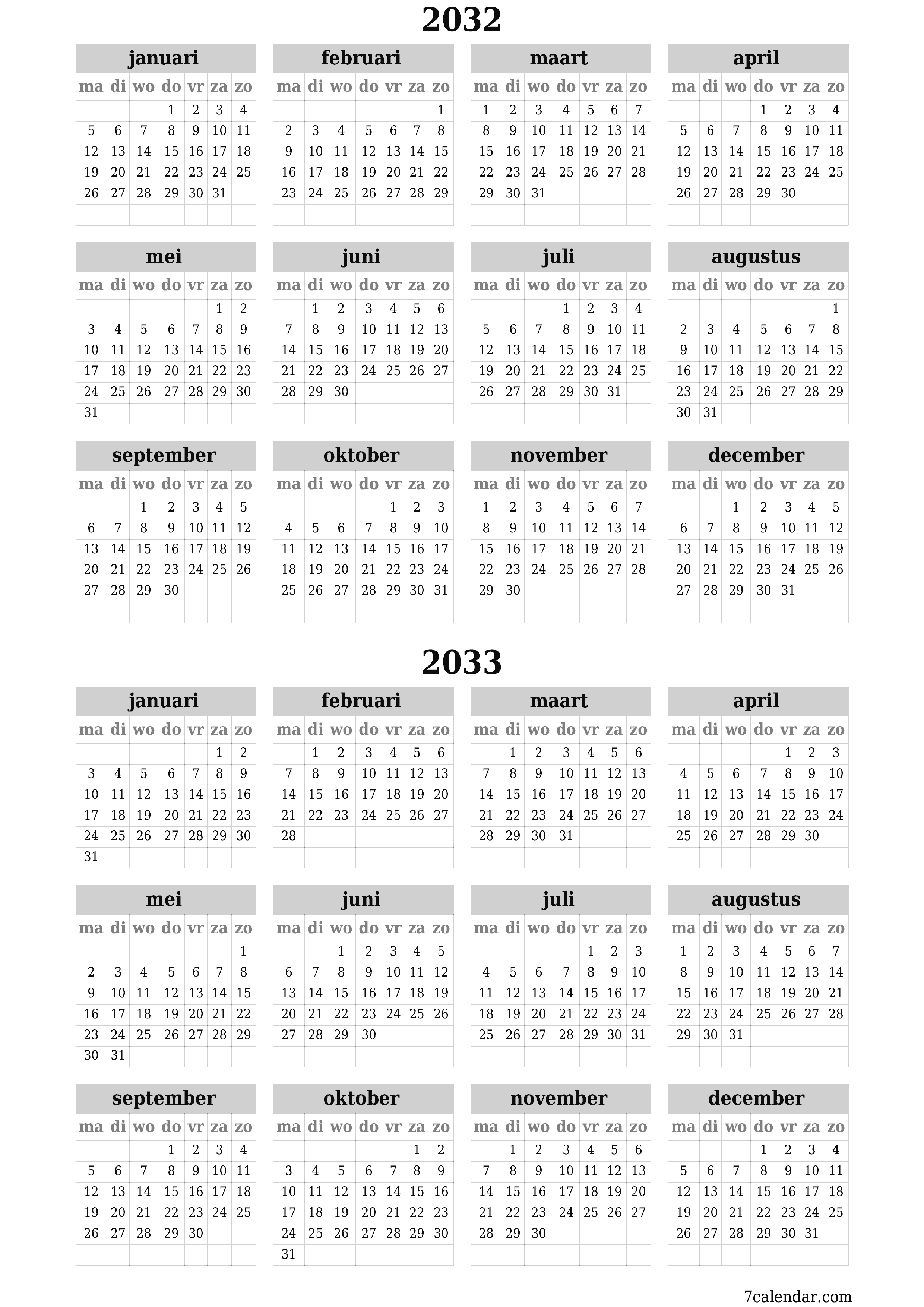 Lege jaarplanningskalender voor het jaar 2032, 2033 met notities, opslaan en afdrukken naar pdf PNG Dutch