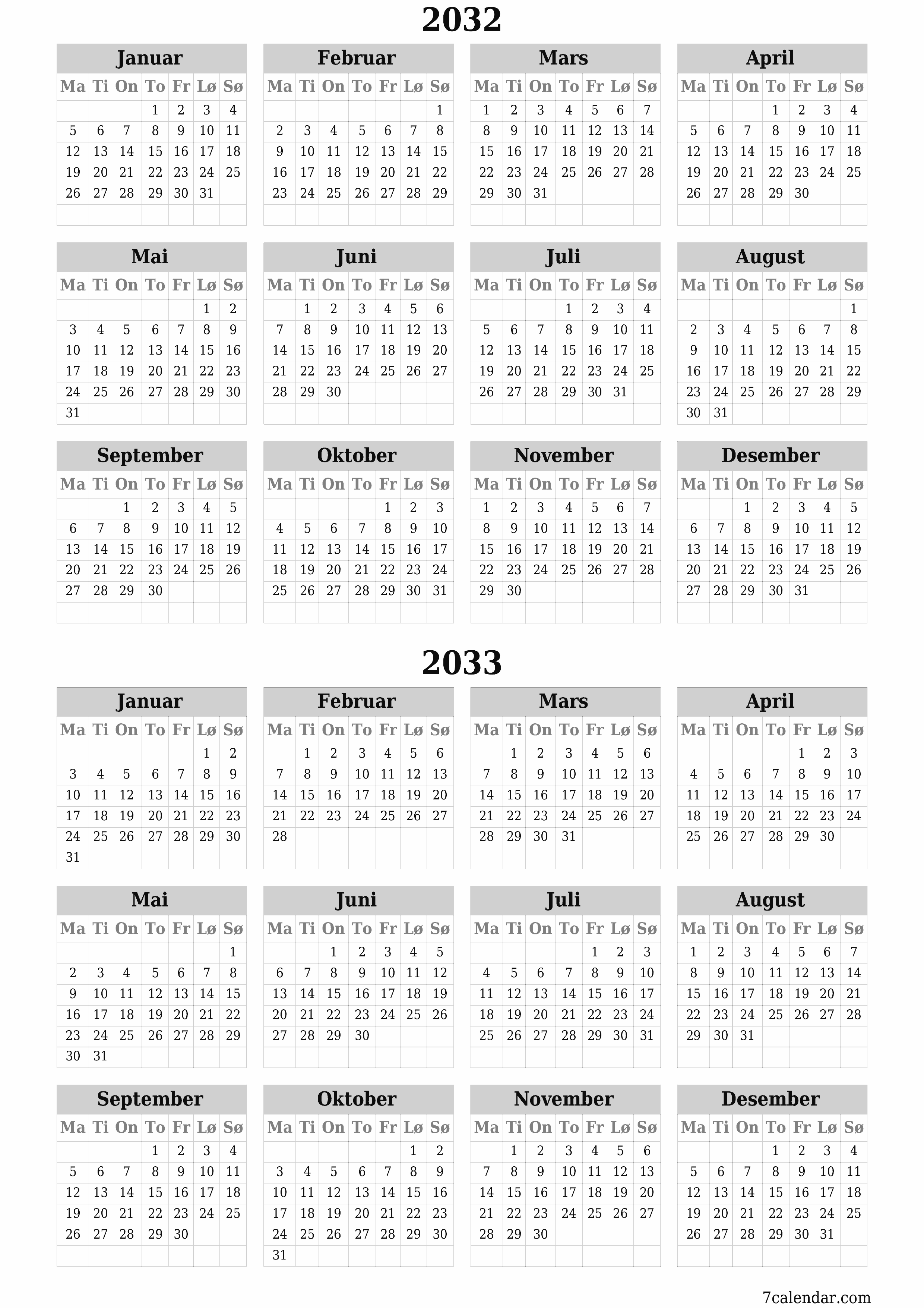 Tom årlig planleggerkalender for året 2032, 2033 med notater, lagre og skrive ut i PDF PNG Norwegian