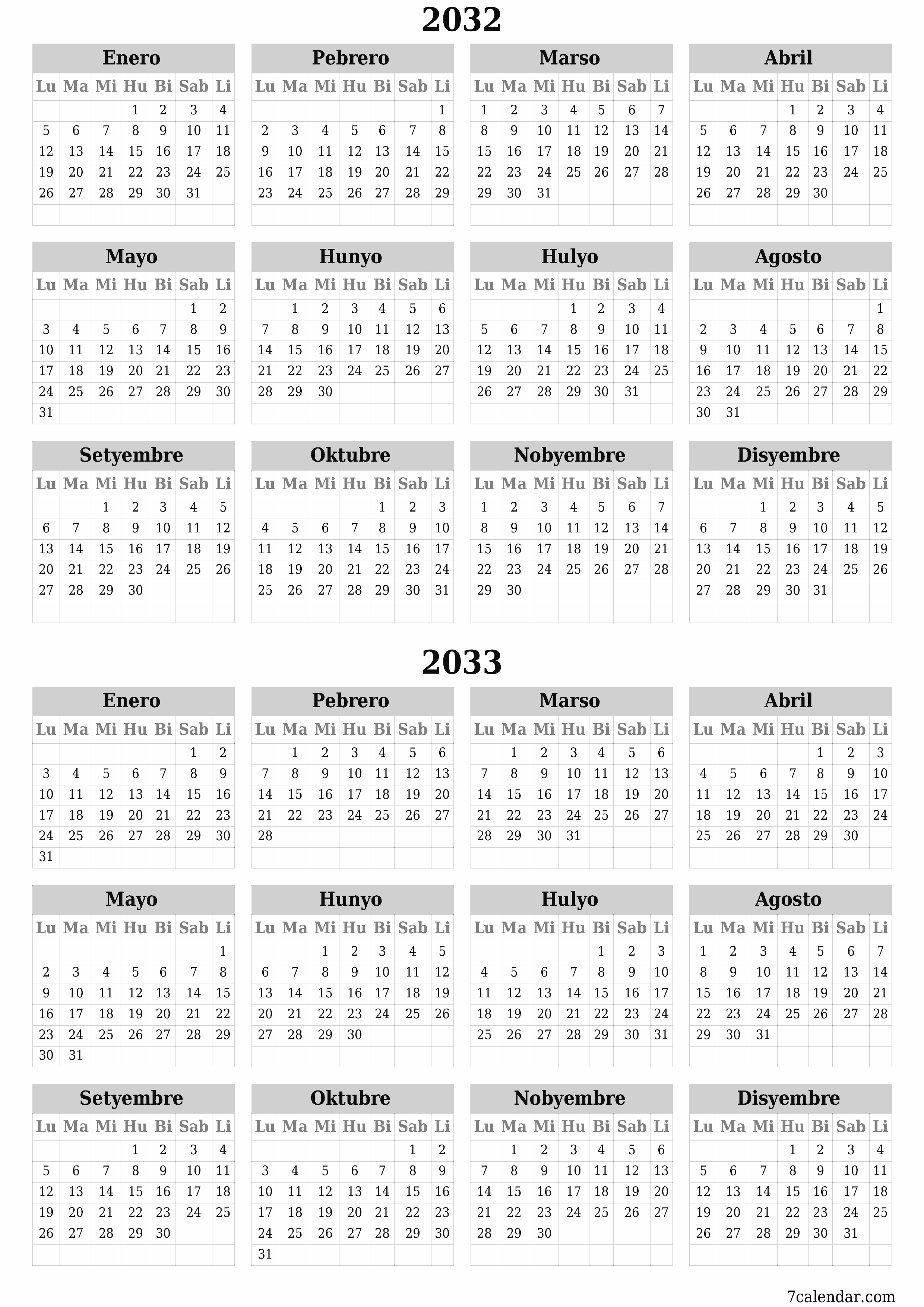 Walang laman ang taunang kalendaryo ng tagaplano para sa taong 2032, 2033 na may mga tala, i-save at i-print sa PDF PNG Filipino