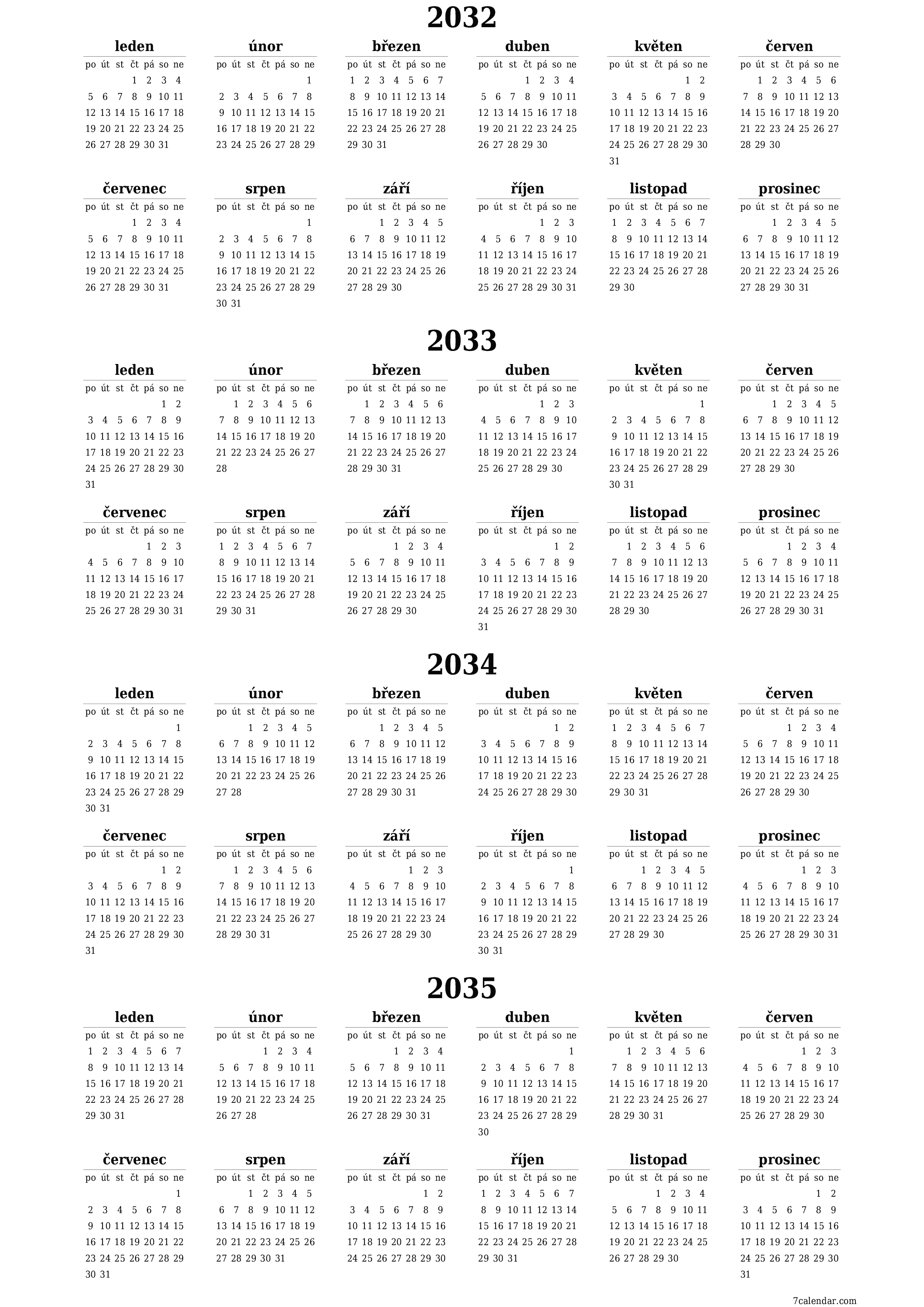 Prázdný roční kalendář plánovače pro rok 2032, 2033, 2034, 2035 s poznámkami, uložením a tiskem do PDF PNG Czech