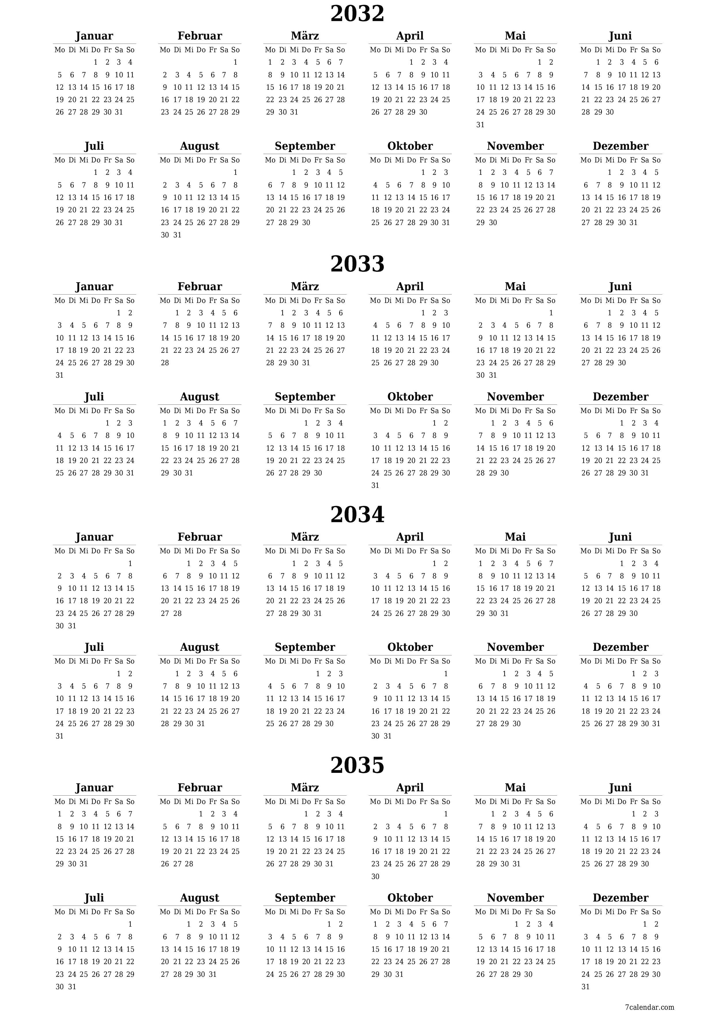  zum Ausdrucken Wandkalender vorlage kostenloser vertikal Jahreskalender Kalender Juni (Jun) 2032