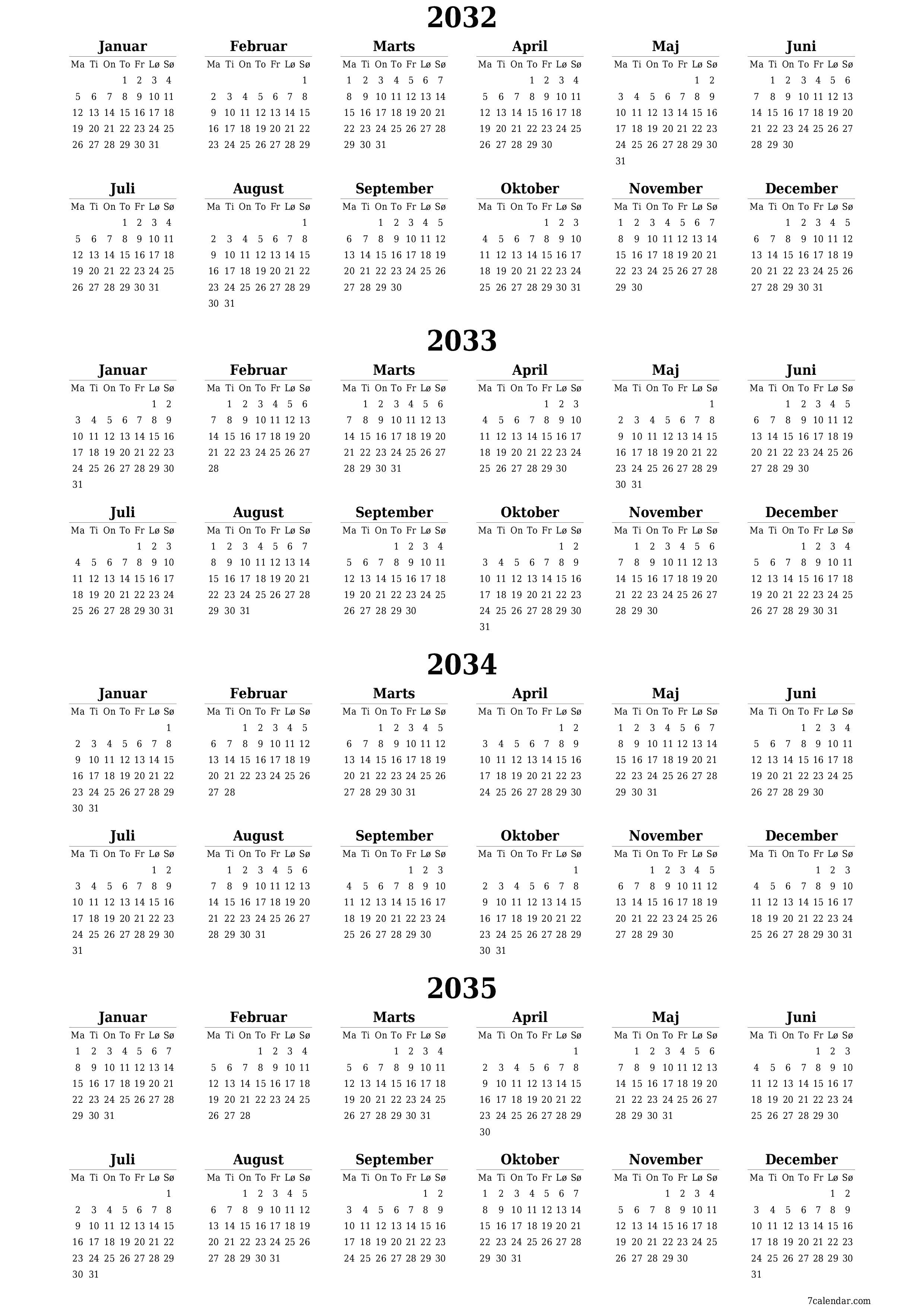 Tom årlig planlægningskalender for året 2032, 2033, 2034, 2035 med noter, gem og udskriv til PDF PNG Danish