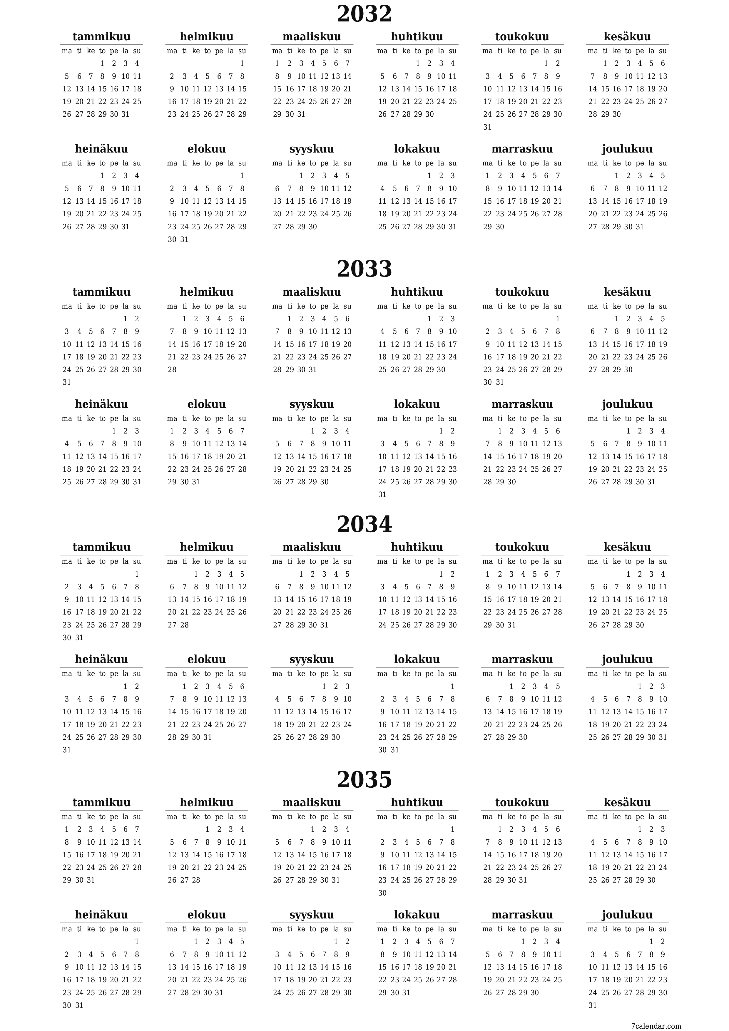 Tyhjä vuosisuunnittelukalenteri vuodelle 2032, 2033, 2034, 2035 muistiinpanoilla, tallenna ja tulosta PDF-muotoon PNG Finnish