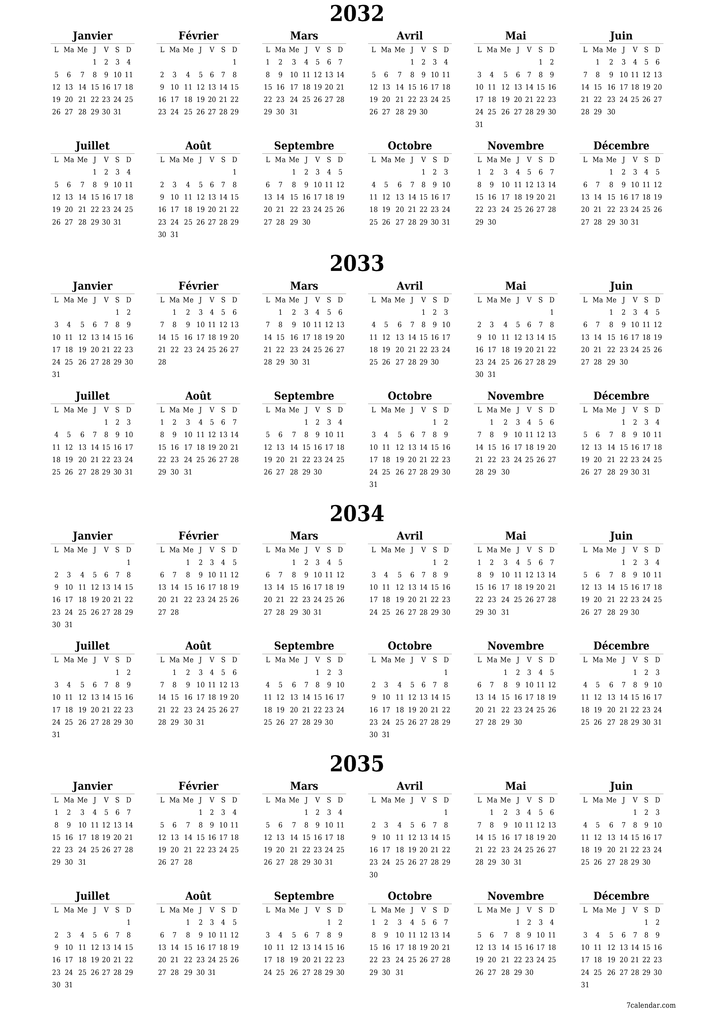 Calendrier annuel vide pour l'année 2032, 2033, 2034, 2035 avec notes, enregistrer et imprimer au format PDF PNG French