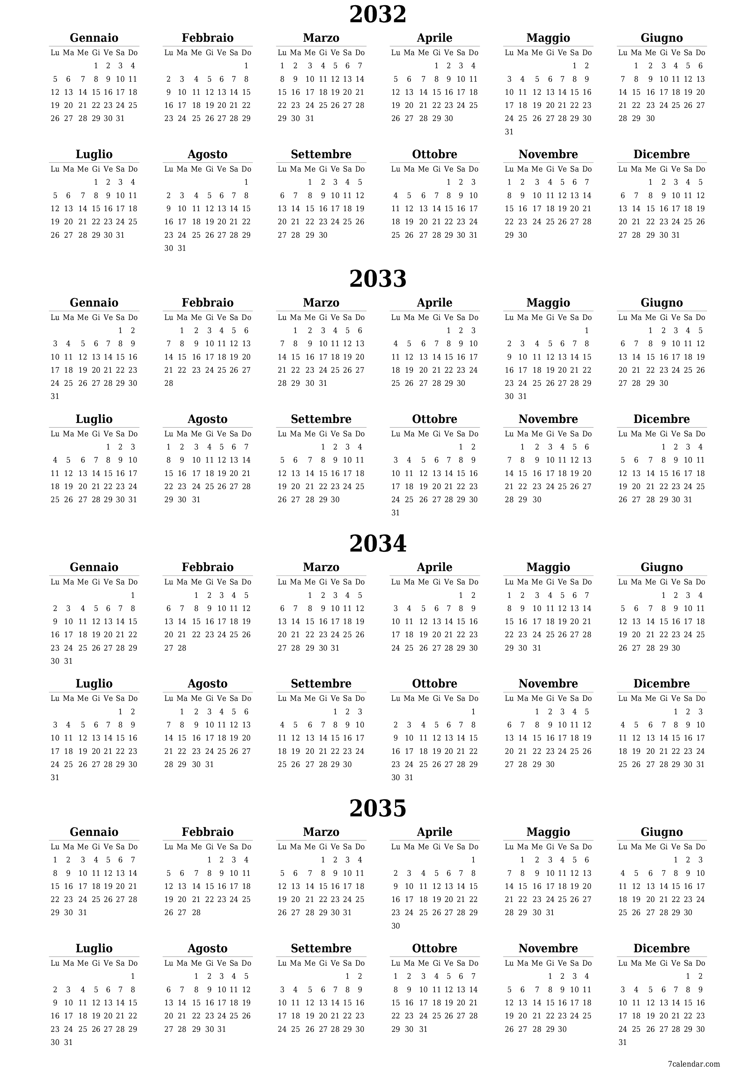  stampabile da parete modello di gratuitoverticale Annuale calendario Giugno (Giu) 2032