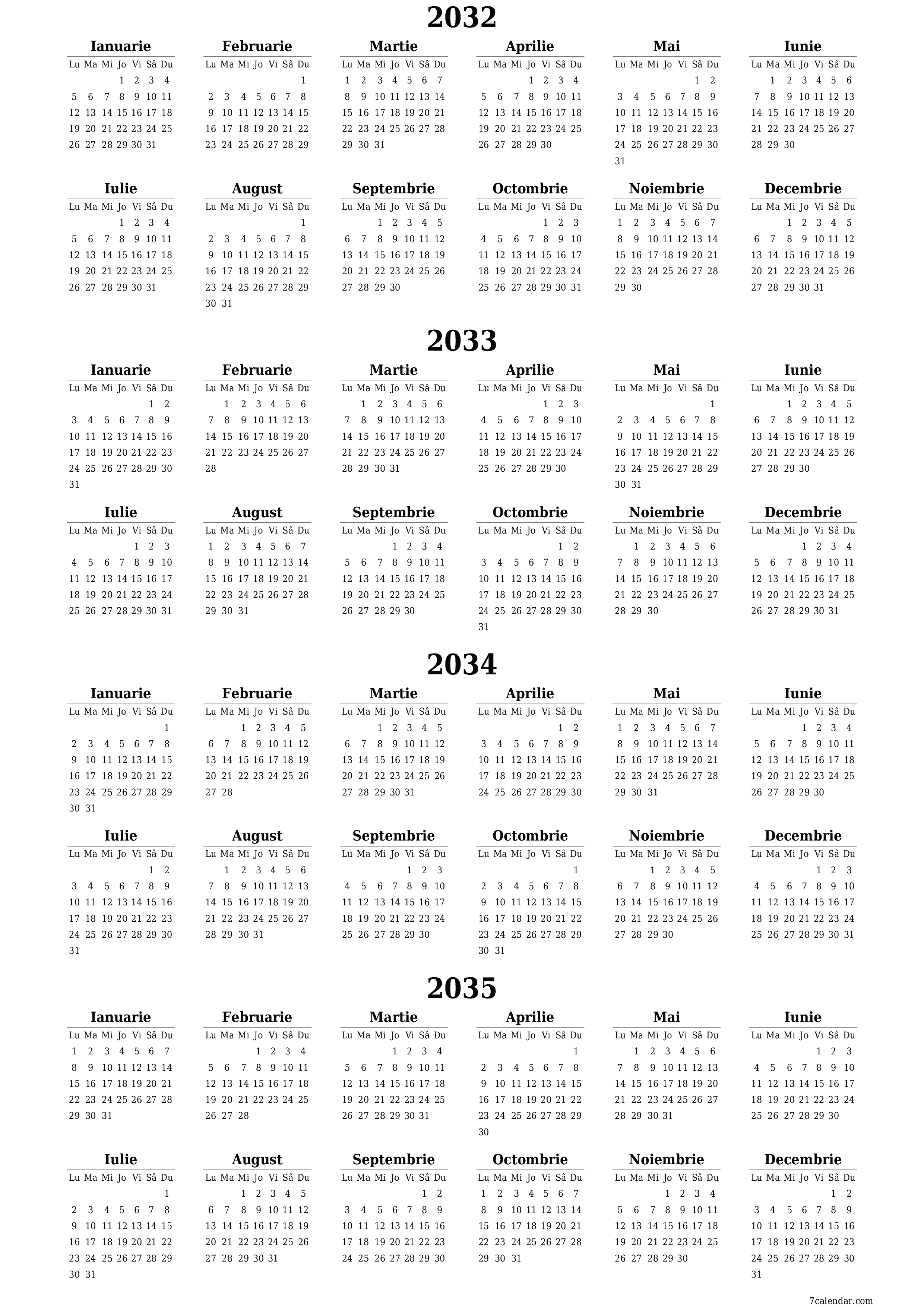 Goliți calendarul anual al planificatorului pentru anul 2032, 2033, 2034, 2035 cu note, salvați și tipăriți în PDF PNG Romanian