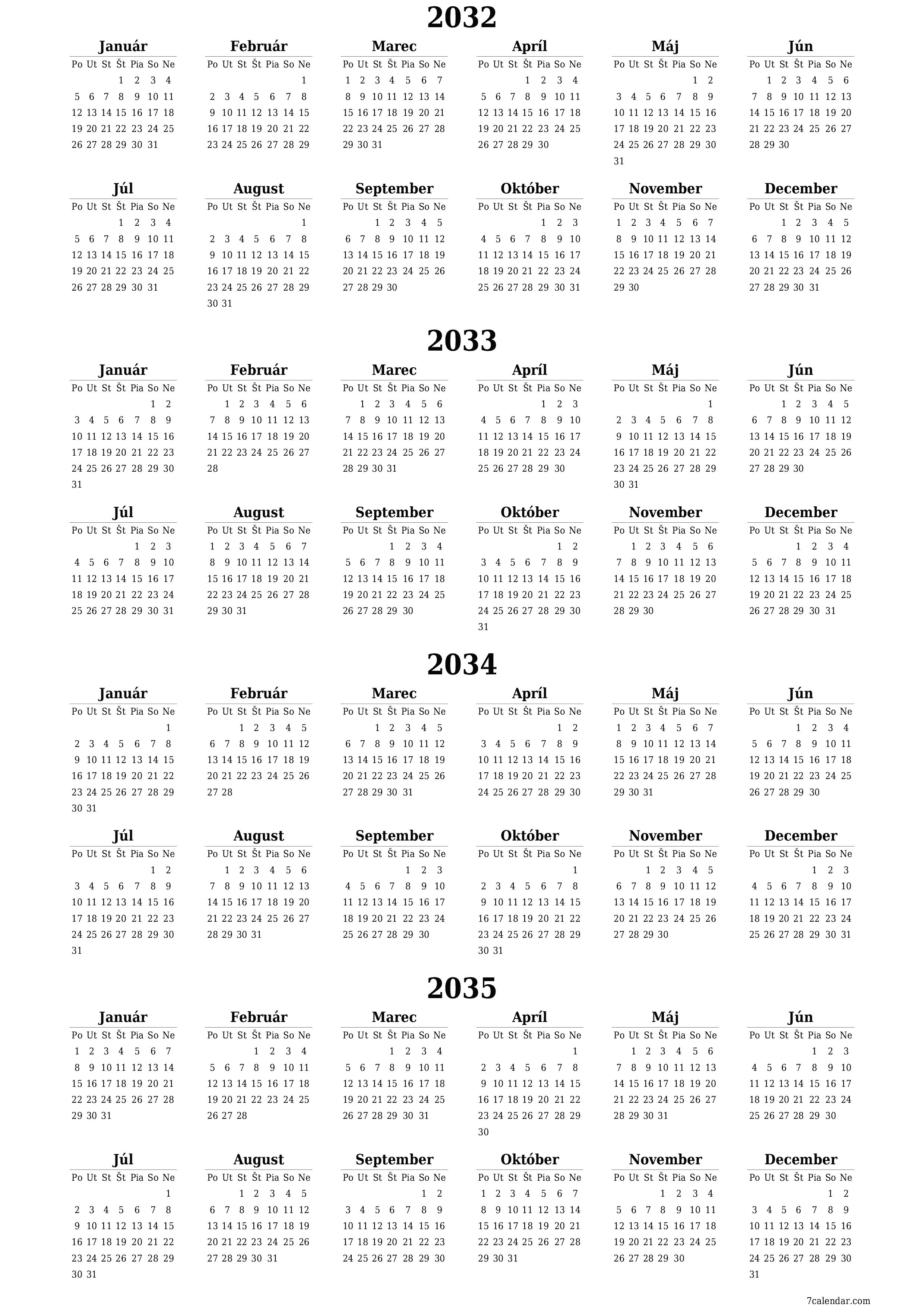 Prázdny ročný kalendár plánovača na rok 2032, 2033, 2034, 2035 s poznámkami, uložením a tlačou do formátu PDF PNG Slovak