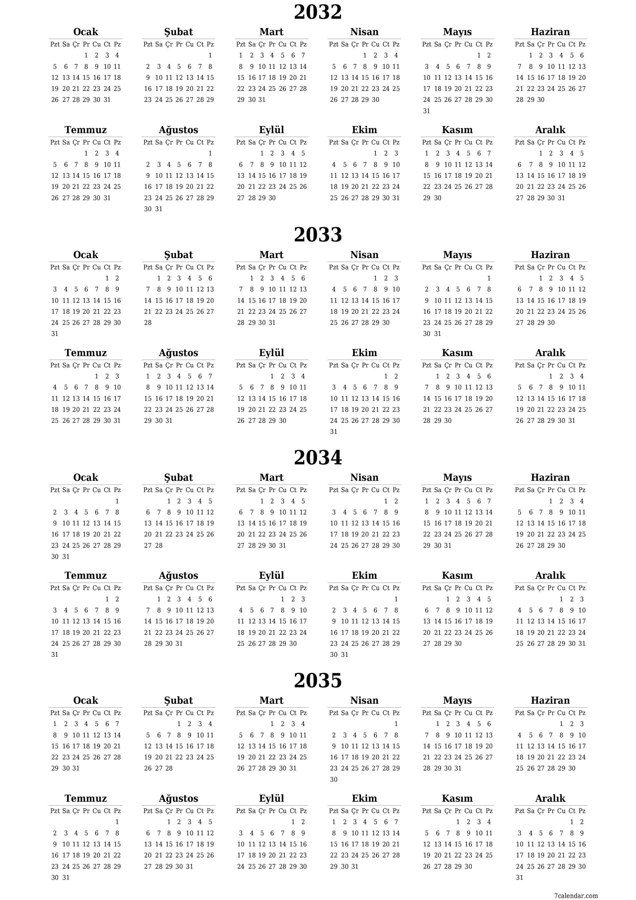 Notlarla 2032, 2033, 2034, 2035 yıl için yıllık planlayıcı takvimini boşaltın, kaydedin ve PDF olarak yazdırın PNG Turkish