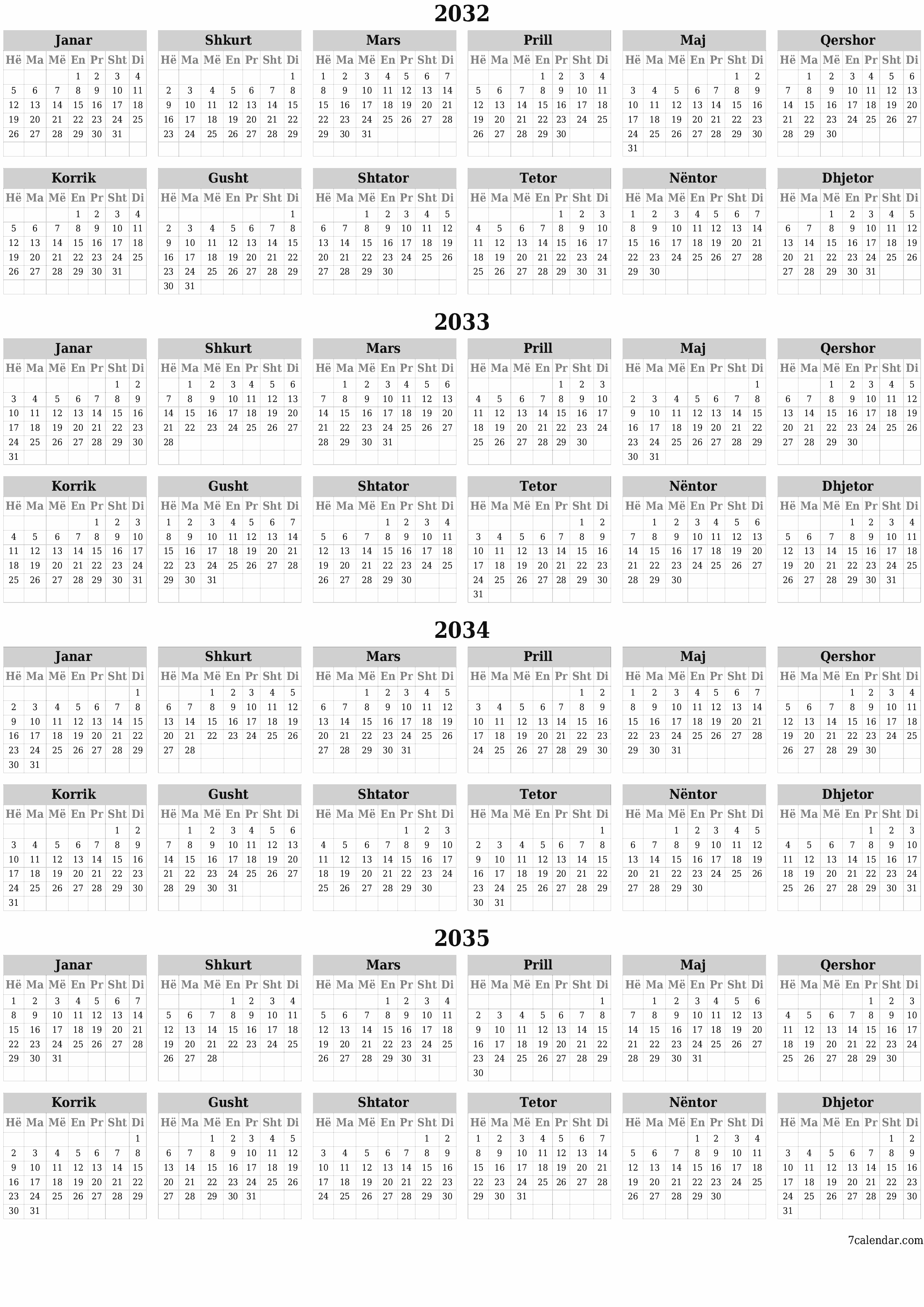 Planifikuesi bosh i kalendarit vjetor për vitin 2032, 2033, 2034, 2035 me shënime, ruani dhe printoni në PDF PNG Albanian