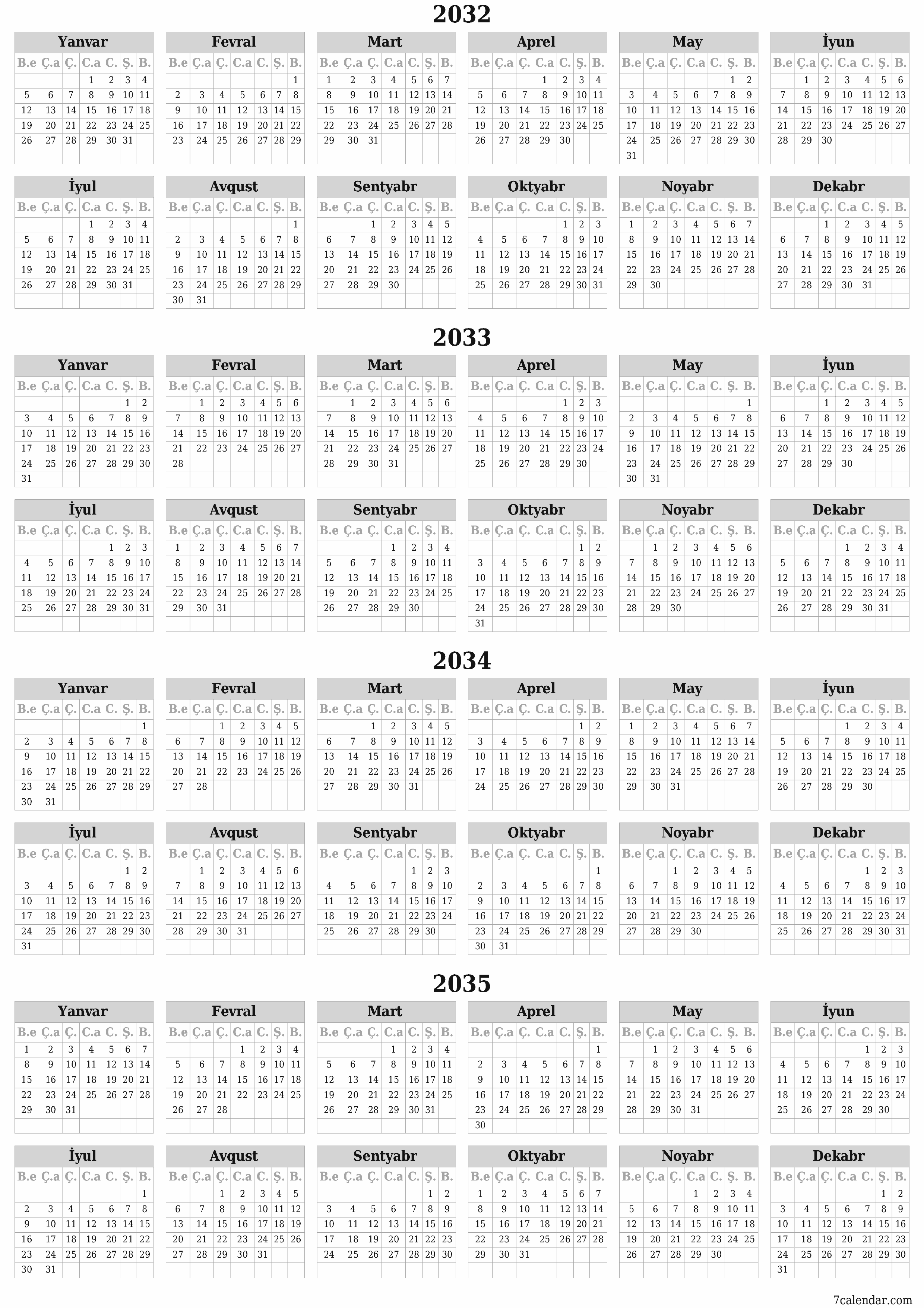 2032, 2033, 2034, 2035 ili üçün illik illik planlayıcı təqvim, qeydlər ilə boş saxlayın, qeyd edin və PDF-ə yazdırın PNG Azerbaijani