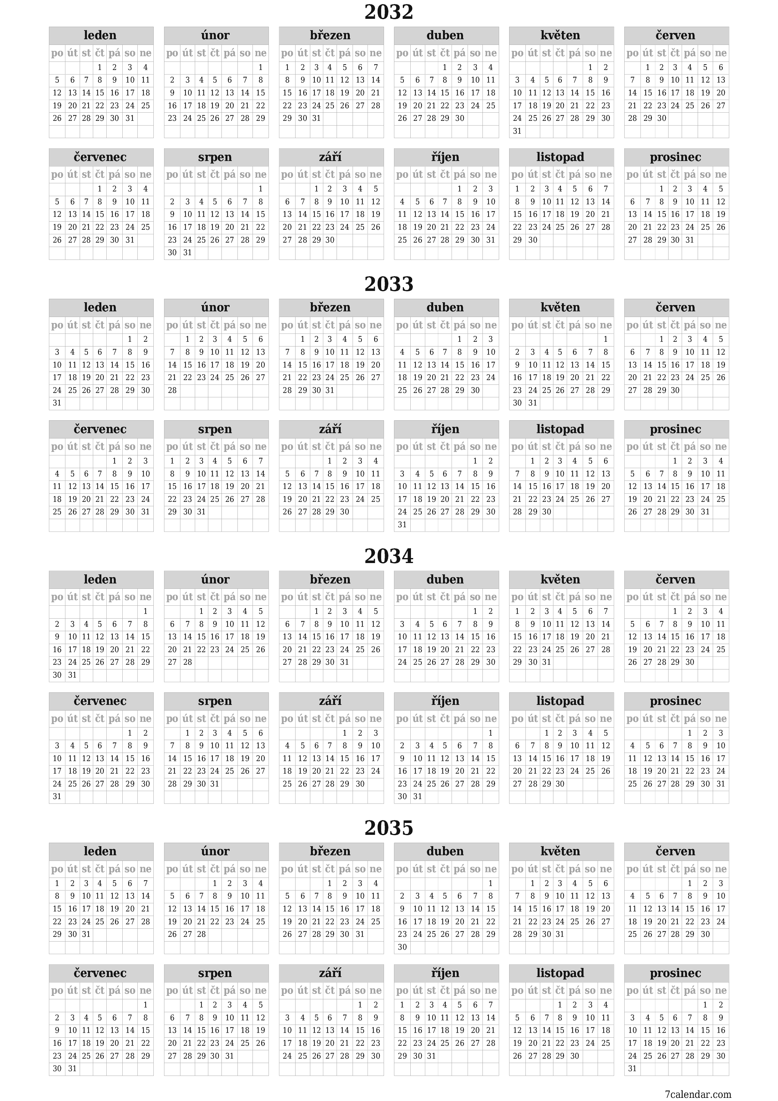 Prázdný roční kalendář plánovače pro rok 2032, 2033, 2034, 2035 s poznámkami, uložením a tiskem do PDF PNG Czech