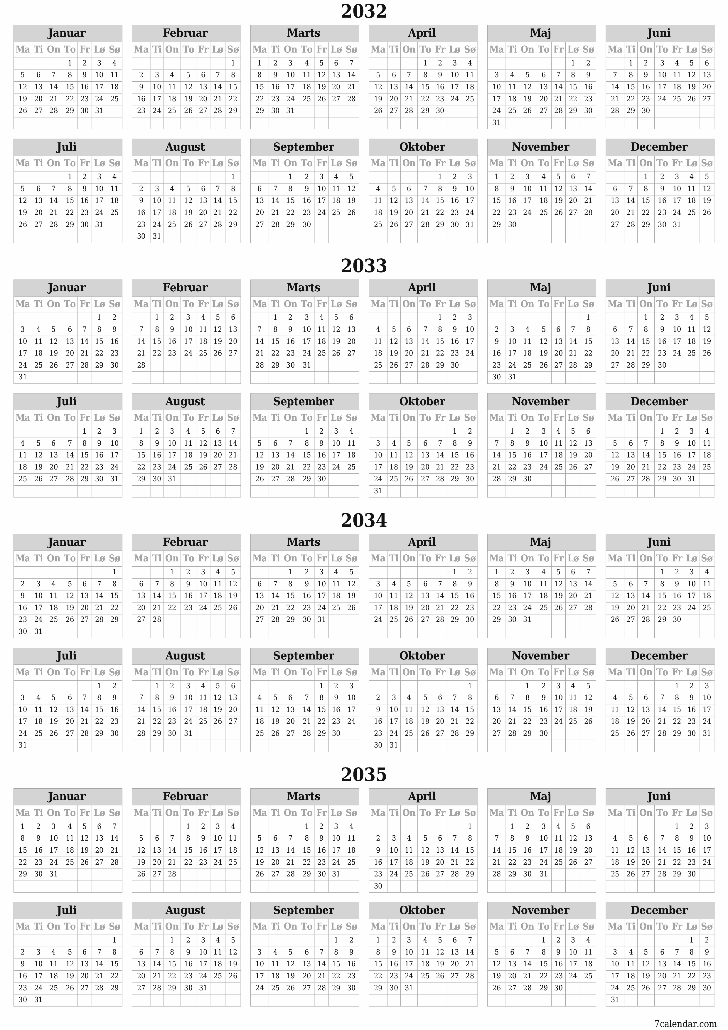 Tom årlig planlægningskalender for året 2032, 2033, 2034, 2035 med noter, gem og udskriv til PDF PNG Danish