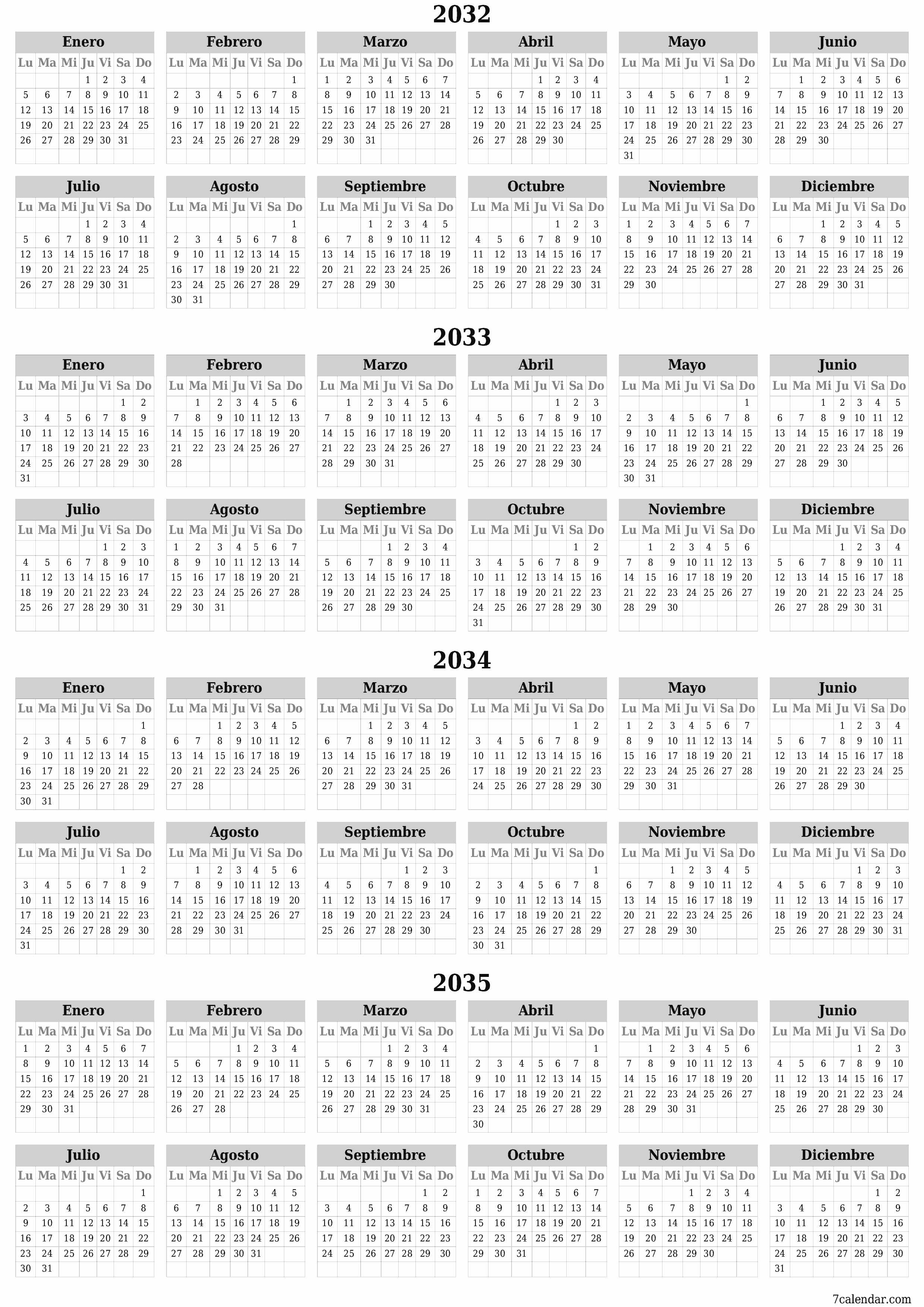 Calendario planificador anual vacío para el año 2032, 2033, 2034, 2035 con notas, guardar e imprimir en PDF PNG Spanish