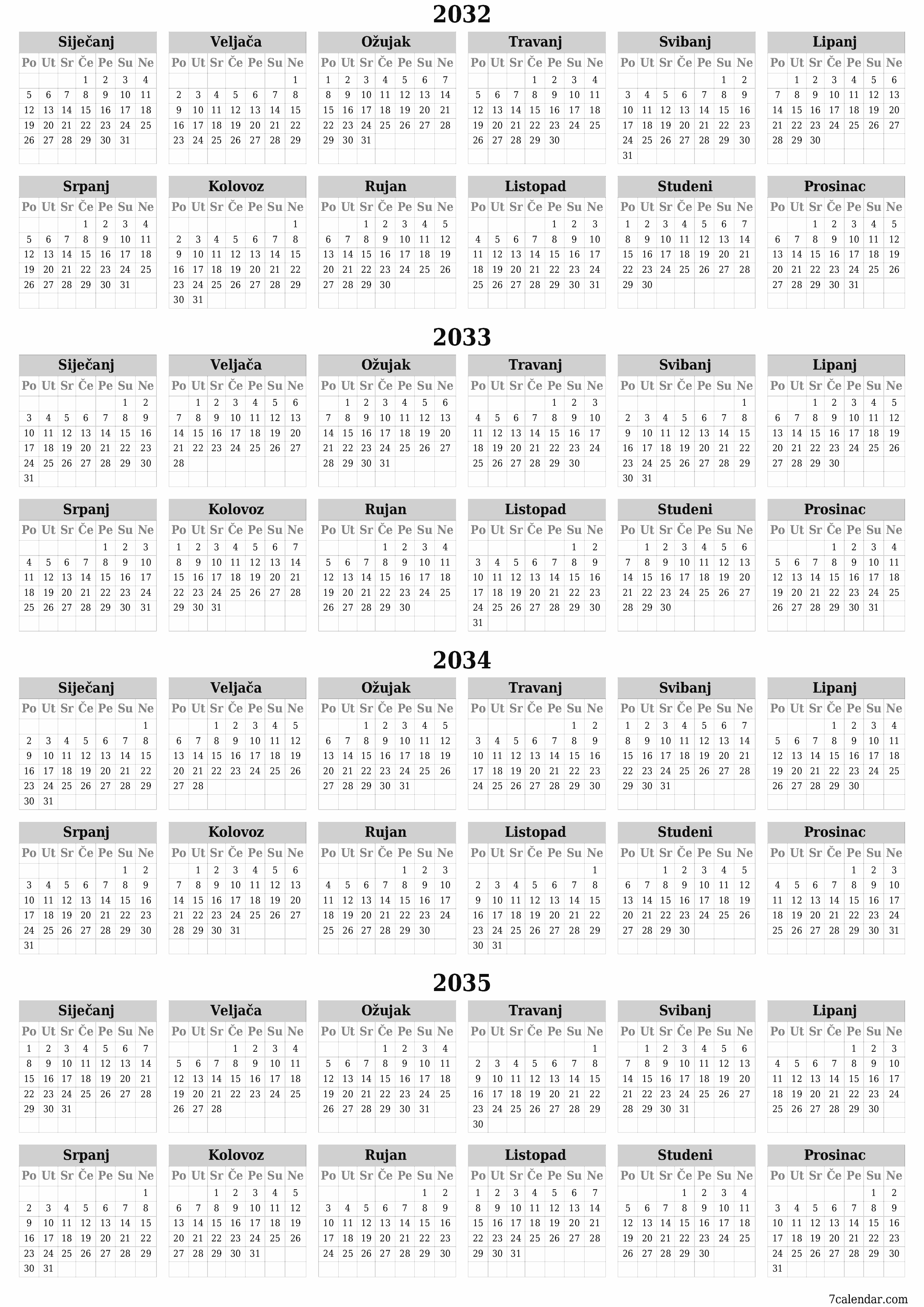 Ispraznite godišnji kalendar planera za godinu 2032, 2033, 2034, 2035 s bilješkama, spremite i ispišite u PDF PNG Croatian