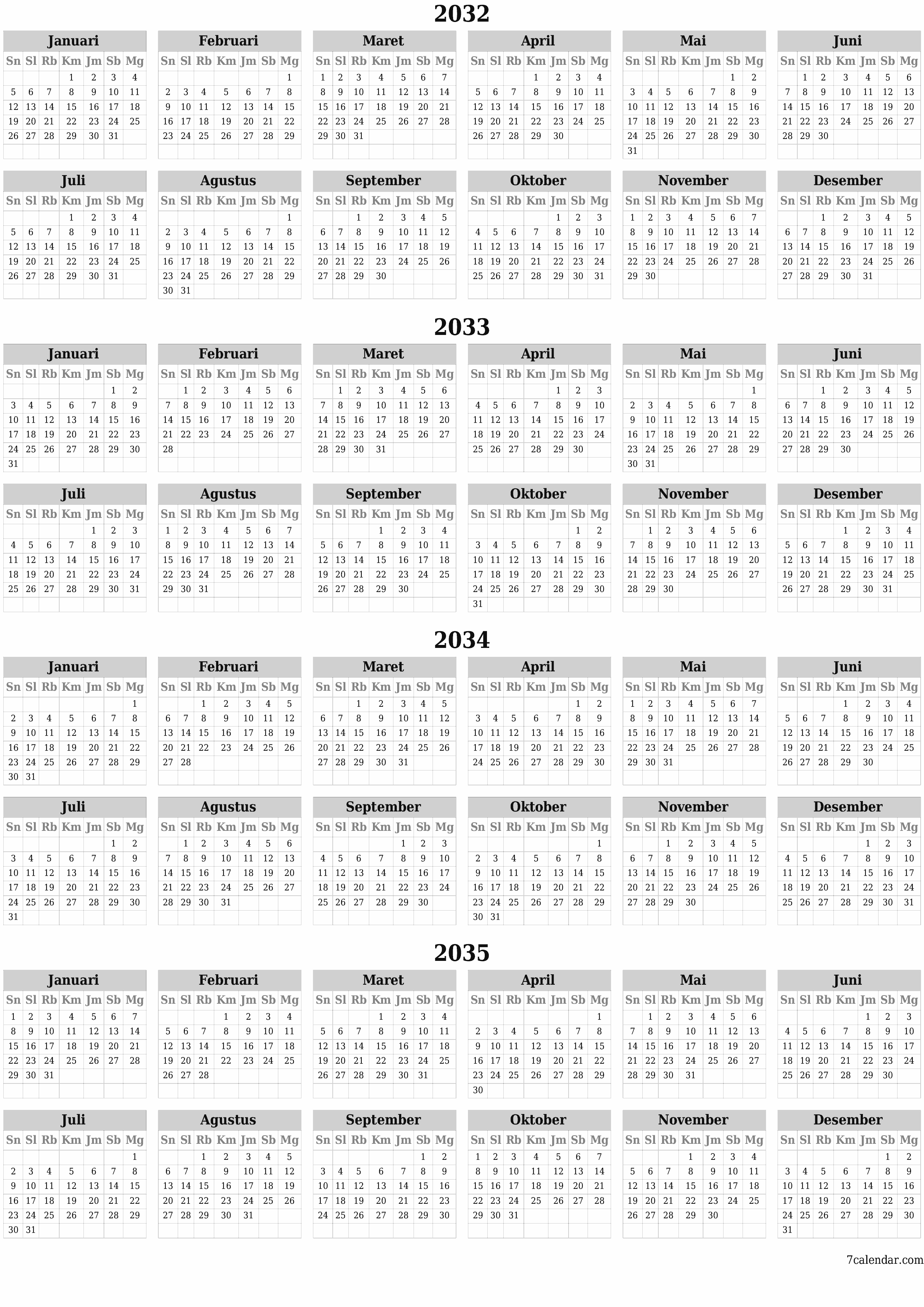 Kosongkan kalender perencana tahunan untuk tahun ini 2032, 2033, 2034, 2035 dengan catatan, simpan dan cetak ke PDF PNG Indonesian