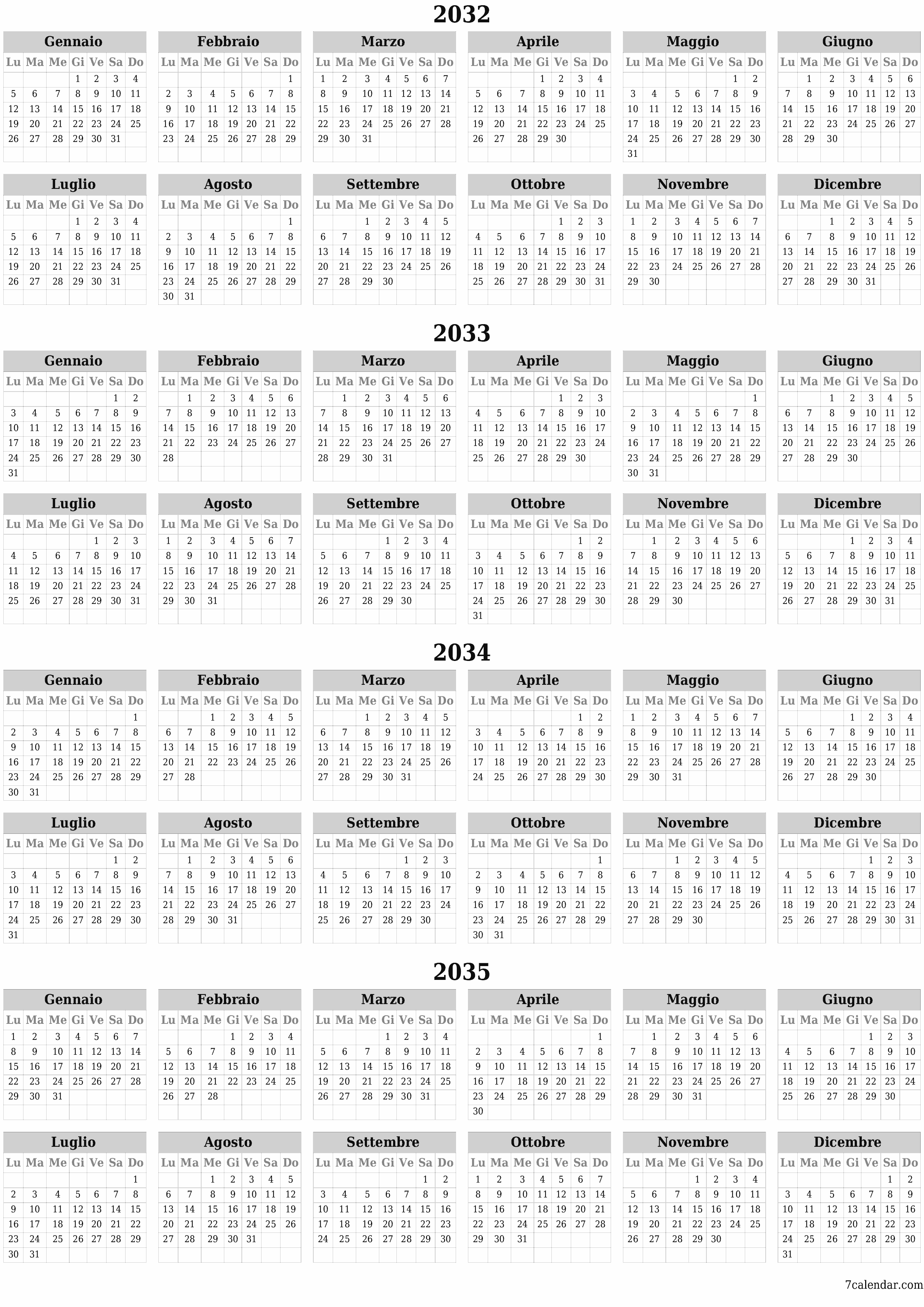 Calendario pianificatore annuale vuoto per l'anno 2032, 2033, 2034, 2035 con note, salva e stampa in PDF PNG Italian