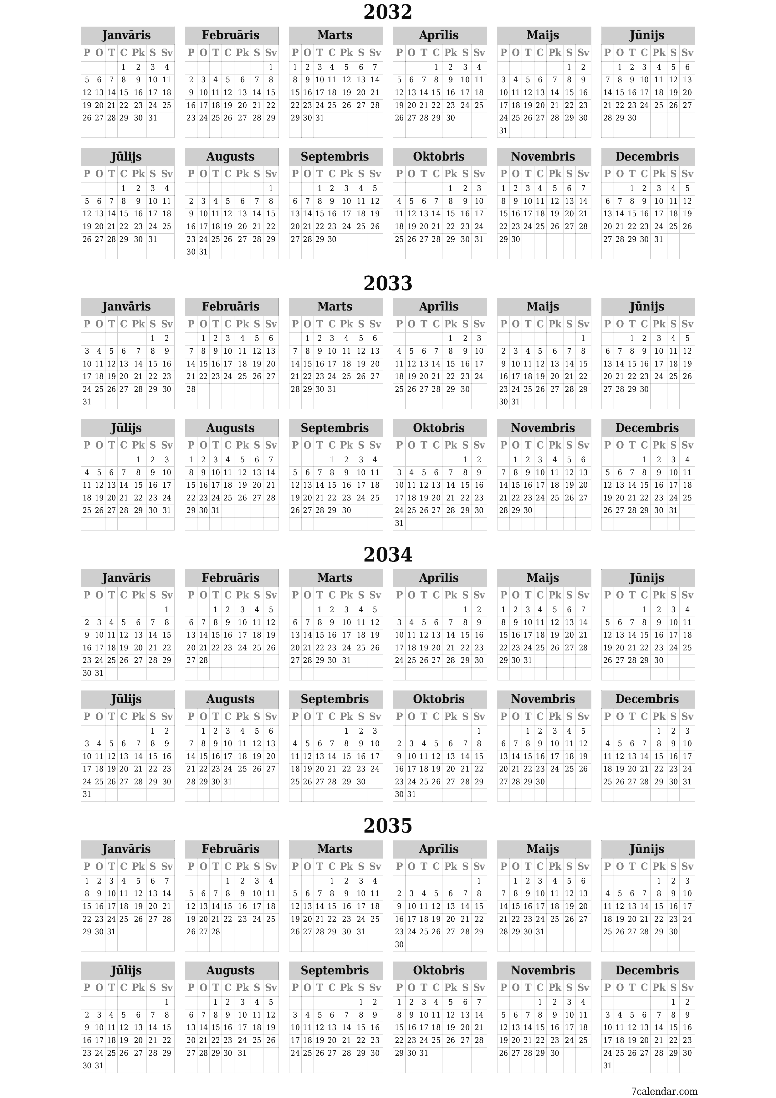 Tukšs gada plānotāja kalendārs gadam 2032, 2033, 2034, 2035 ar piezīmēm, saglabāšana un izdrukāšana PDF formātā PNG Latvian