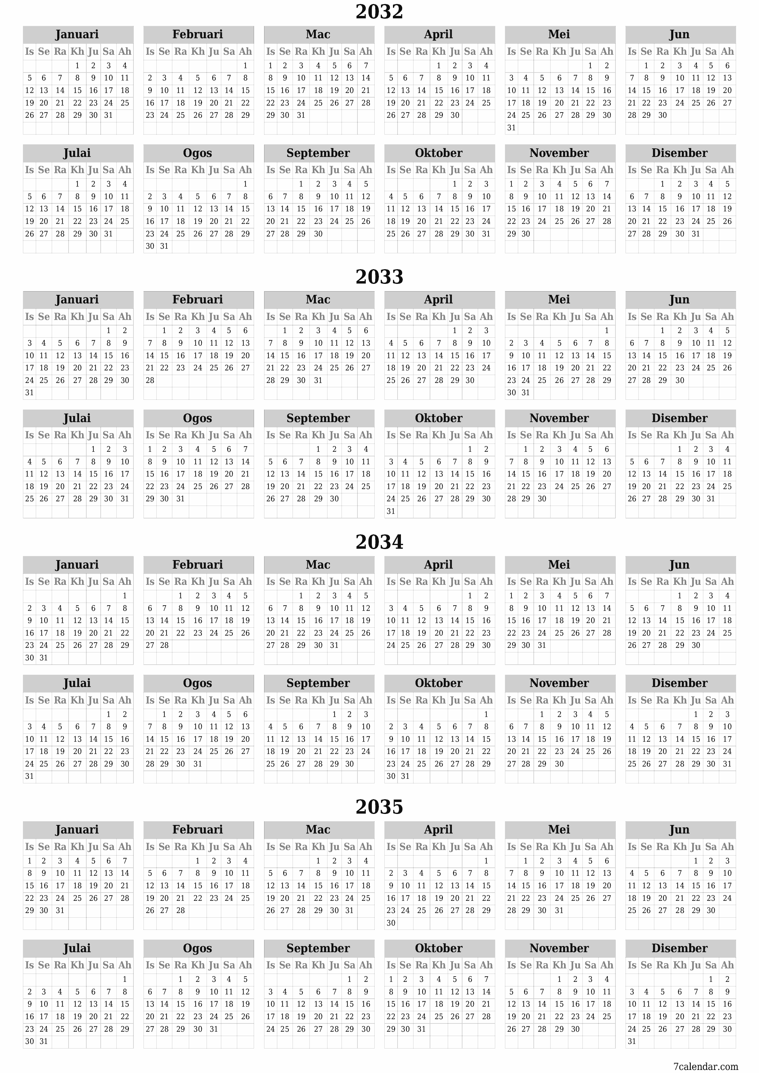 Kalendar perancang tahunan kosong untuk tahun ini 2032, 2033, 2034, 2035 dengan nota, simpan dan cetak ke PDF PNG Malay