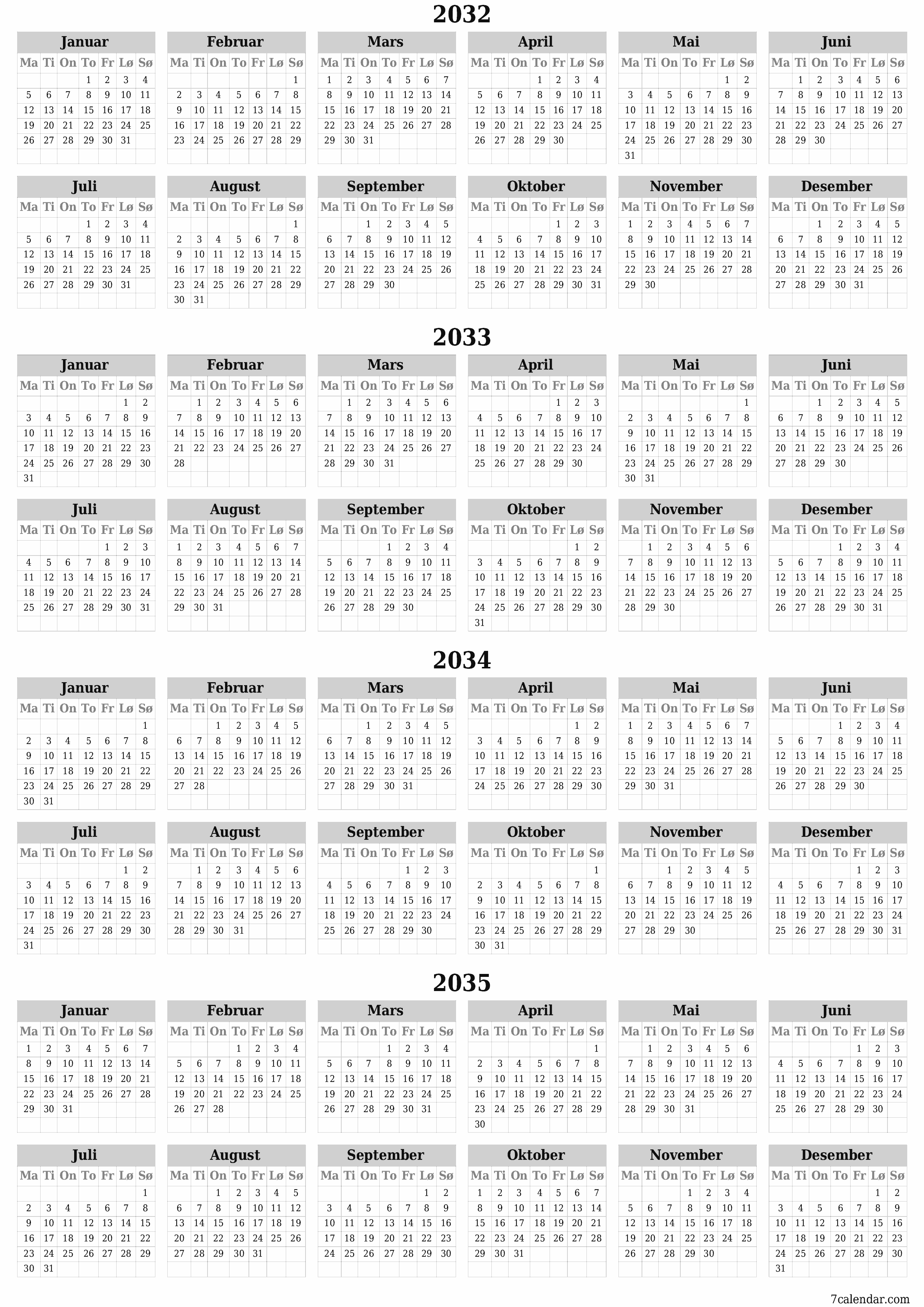 Tom årlig planleggerkalender for året 2032, 2033, 2034, 2035 med notater, lagre og skrive ut i PDF PNG Norwegian