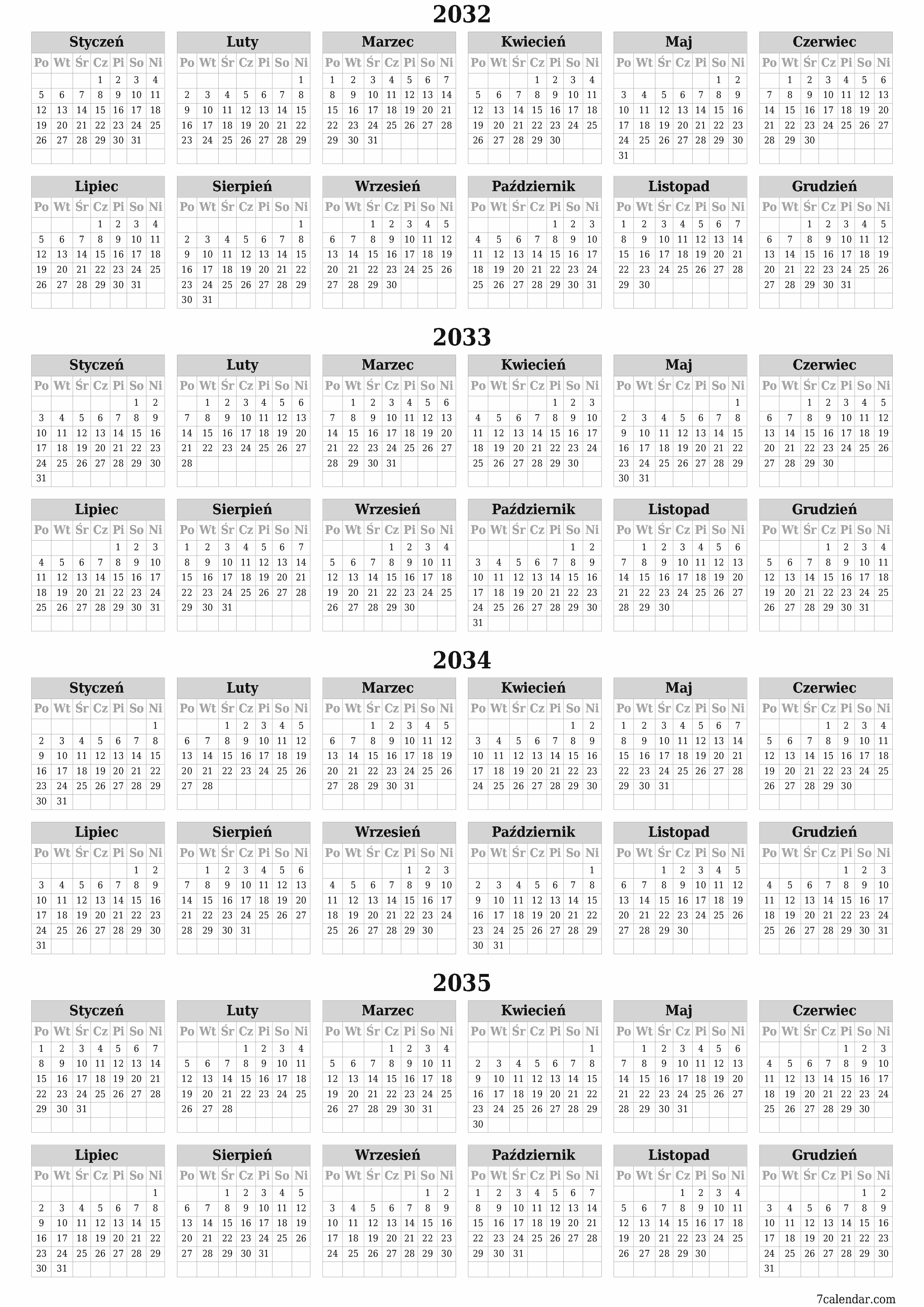 Opróżnij kalendarz rocznego planowania na rok 2032, 2033, 2034, 2035 z notatkami, zapisz i wydrukuj w formacie PDF PNG Polish