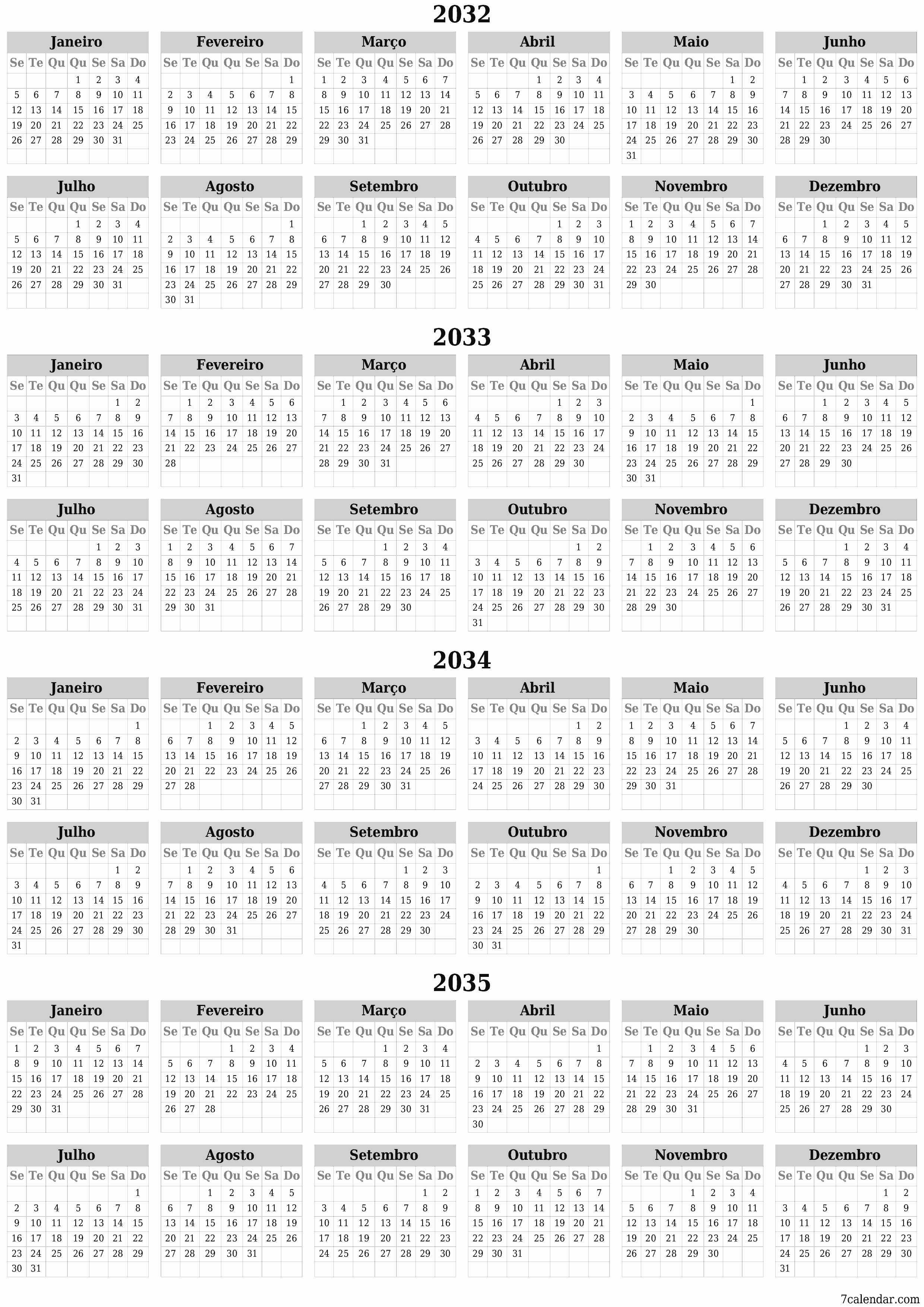 Calendário de planejador anual vazio para o ano 2032, 2033, 2034, 2035 com notas, salve e imprima em PDF PNG Portuguese