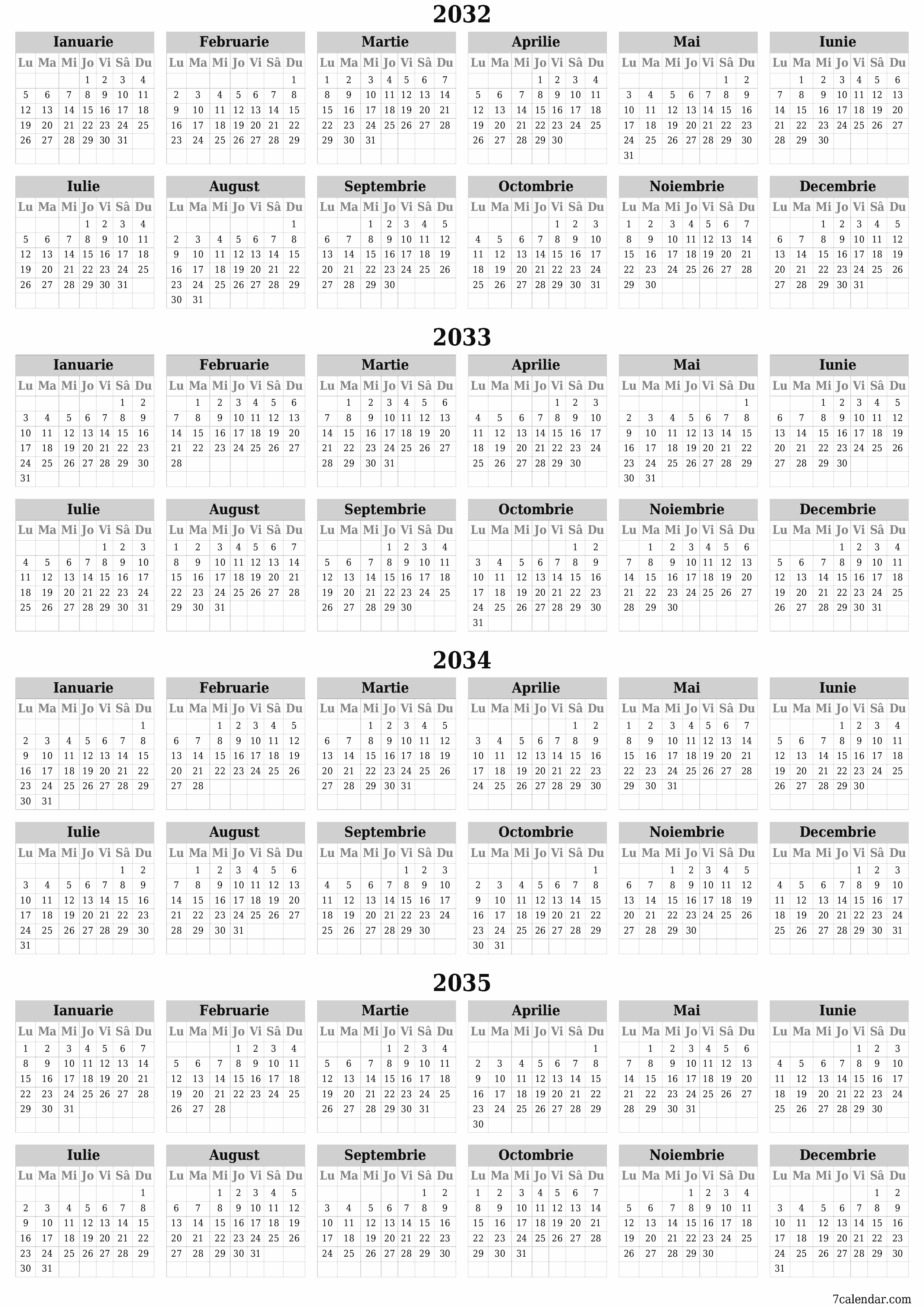Goliți calendarul anual al planificatorului pentru anul 2032, 2033, 2034, 2035 cu note, salvați și tipăriți în PDF PNG Romanian