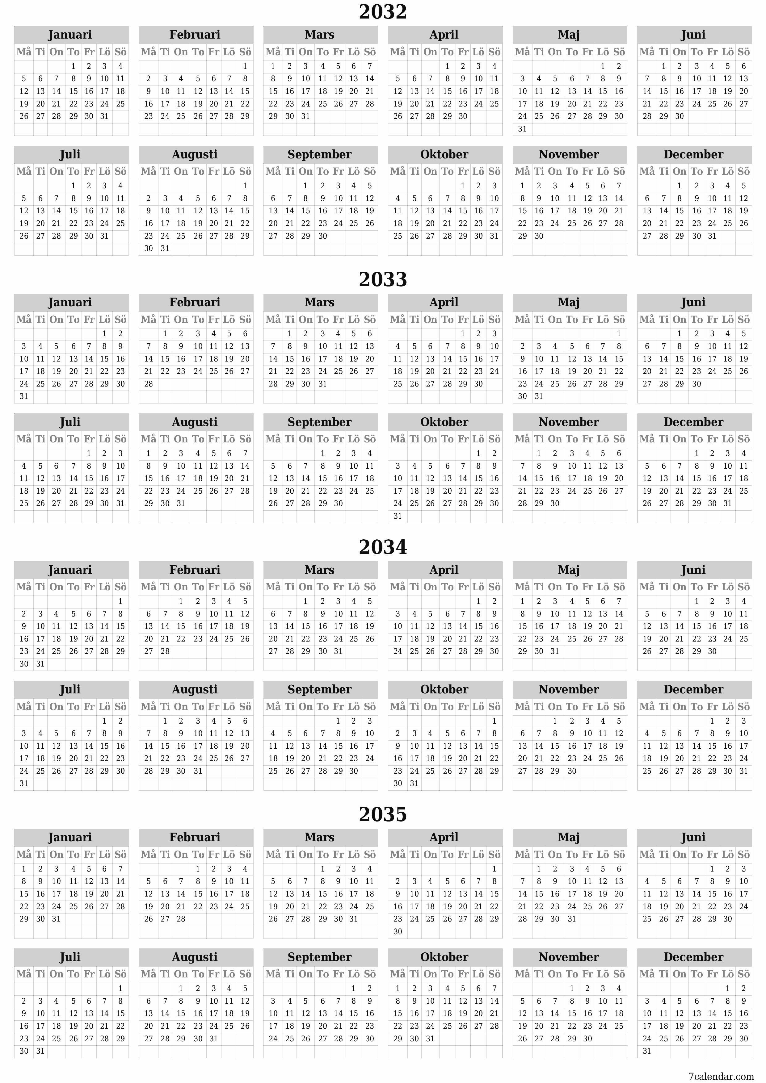 Tom årlig planeringskalender för året 2032, 2033, 2034, 2035 med anteckningar, spara och skriv ut till PDF PNG Swedish