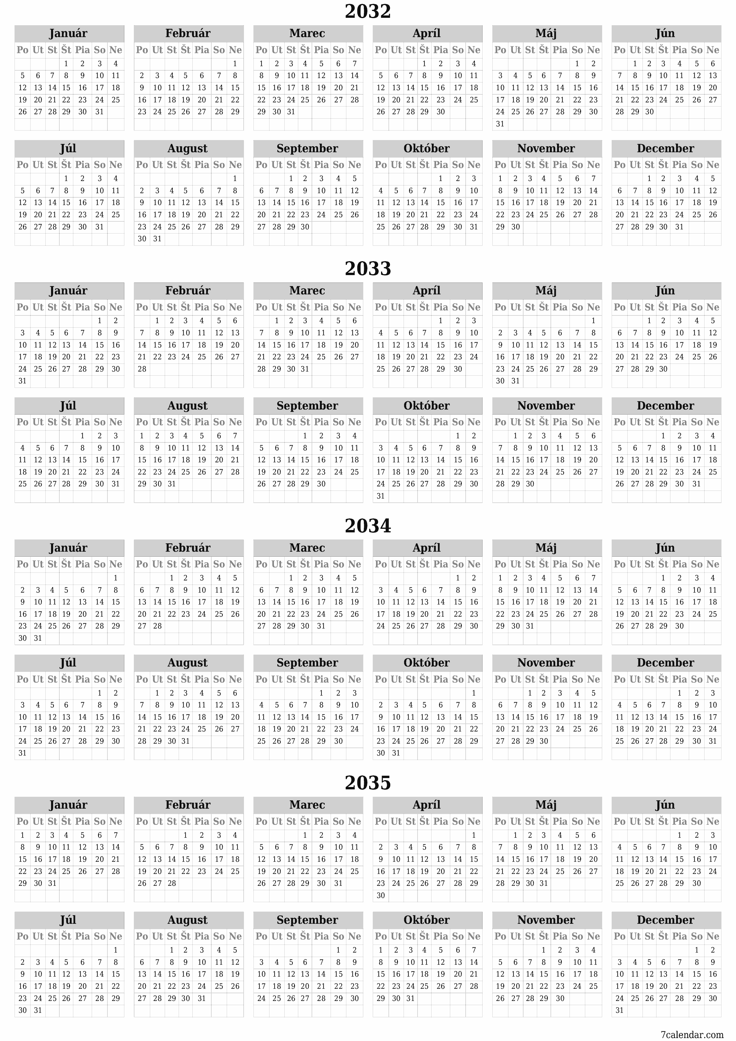 Prázdny ročný kalendár plánovača na rok 2032, 2033, 2034, 2035 s poznámkami, uložením a tlačou do formátu PDF PNG Slovak