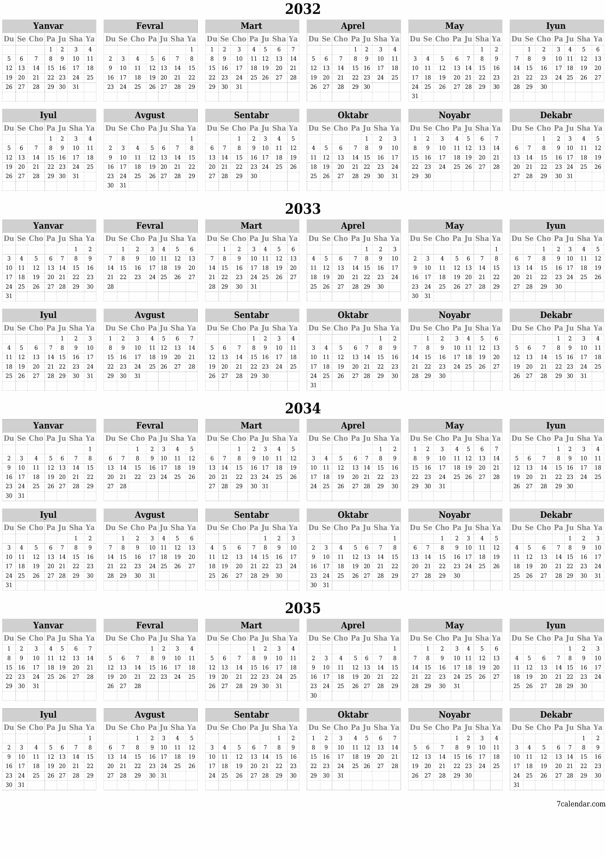 Bo'sh yillik rejalashtiruvchi taqvim 2032, 2033, 2034, 2035 yil, qaydlar bilan saqlang va PDF-ga chop eting PNG Uzbek