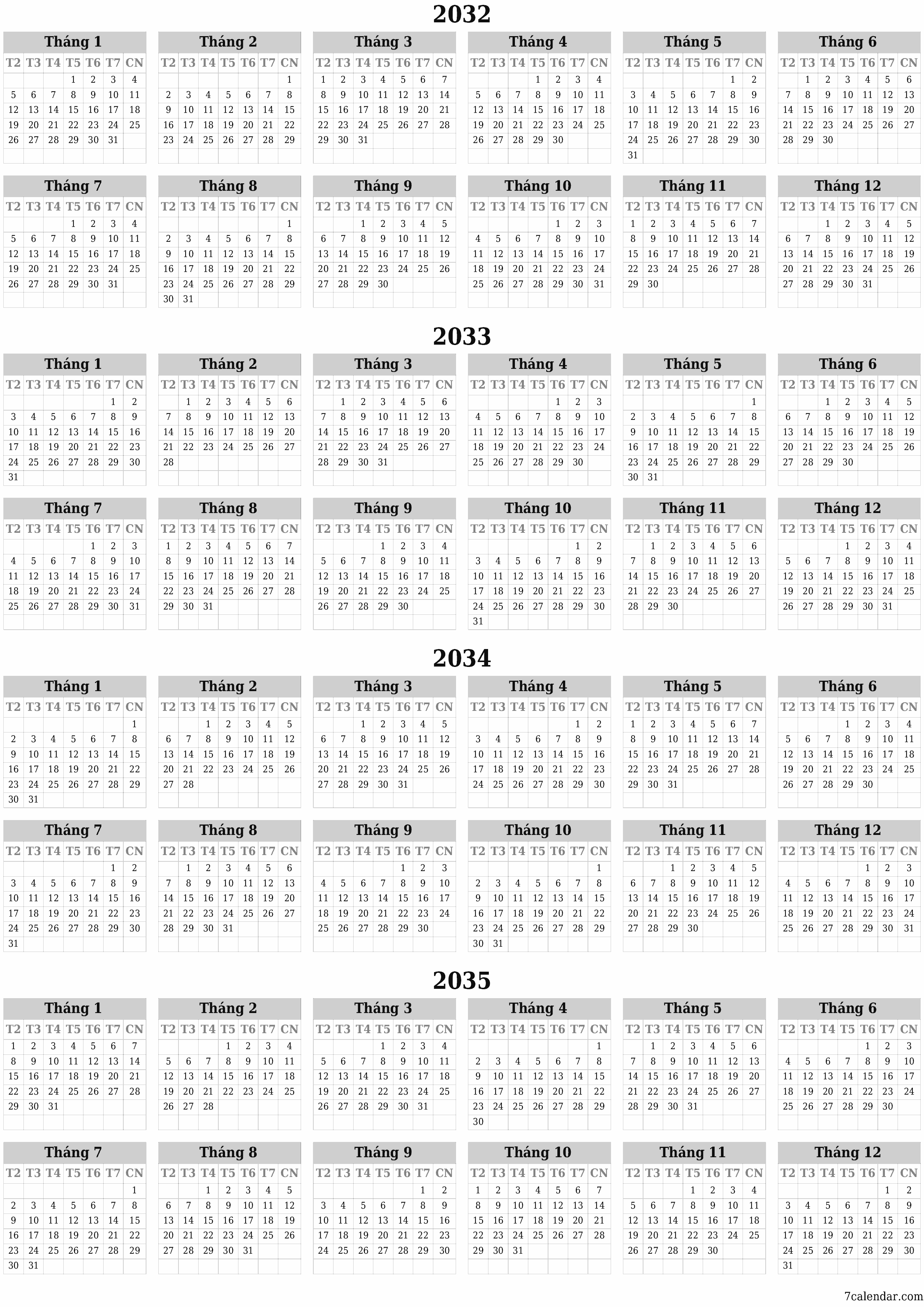 Lịch kế hoạch hàng năm trống cho năm 2032, 2033, 2034, 2035 có ghi chú, lưu và in sang PDF PNG Vietnamese