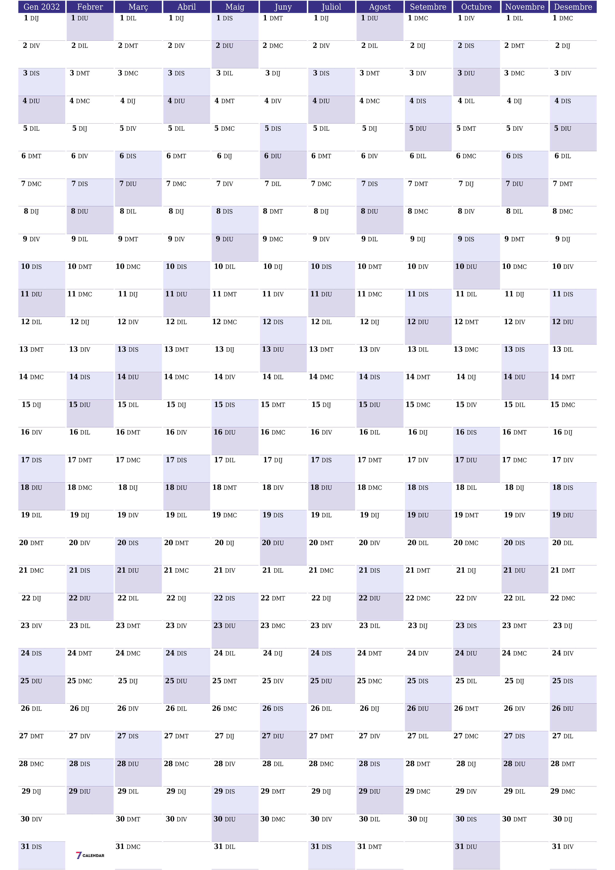 Planificador anual buit 2032 amb notes desades i imprimides en PDF PNG Catalan