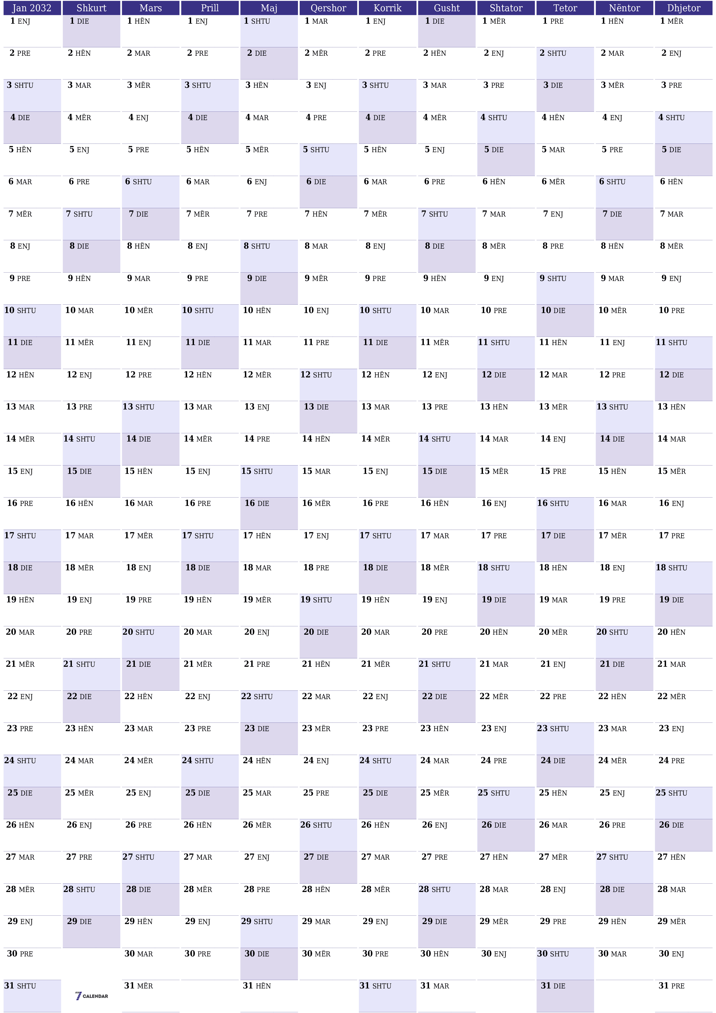 Planifikuesi bosh i kalendarit vjetor për vitin 2032 me shënime, ruani dhe printoni në PDF PNG Albanian