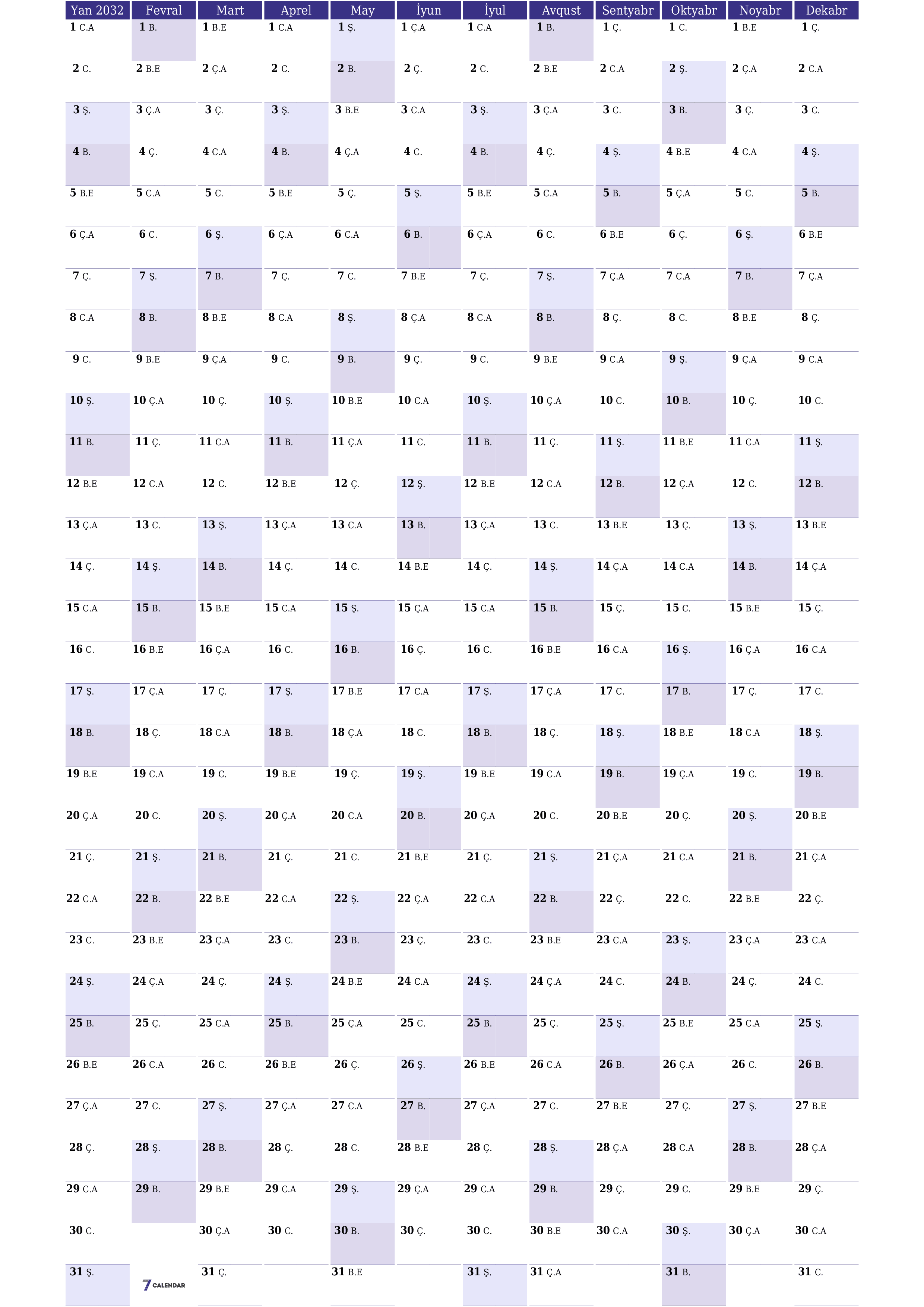 2032 ili üçün illik illik planlayıcı təqvim, qeydlər ilə boş saxlayın, qeyd edin və PDF-ə yazdırın PNG Azerbaijani