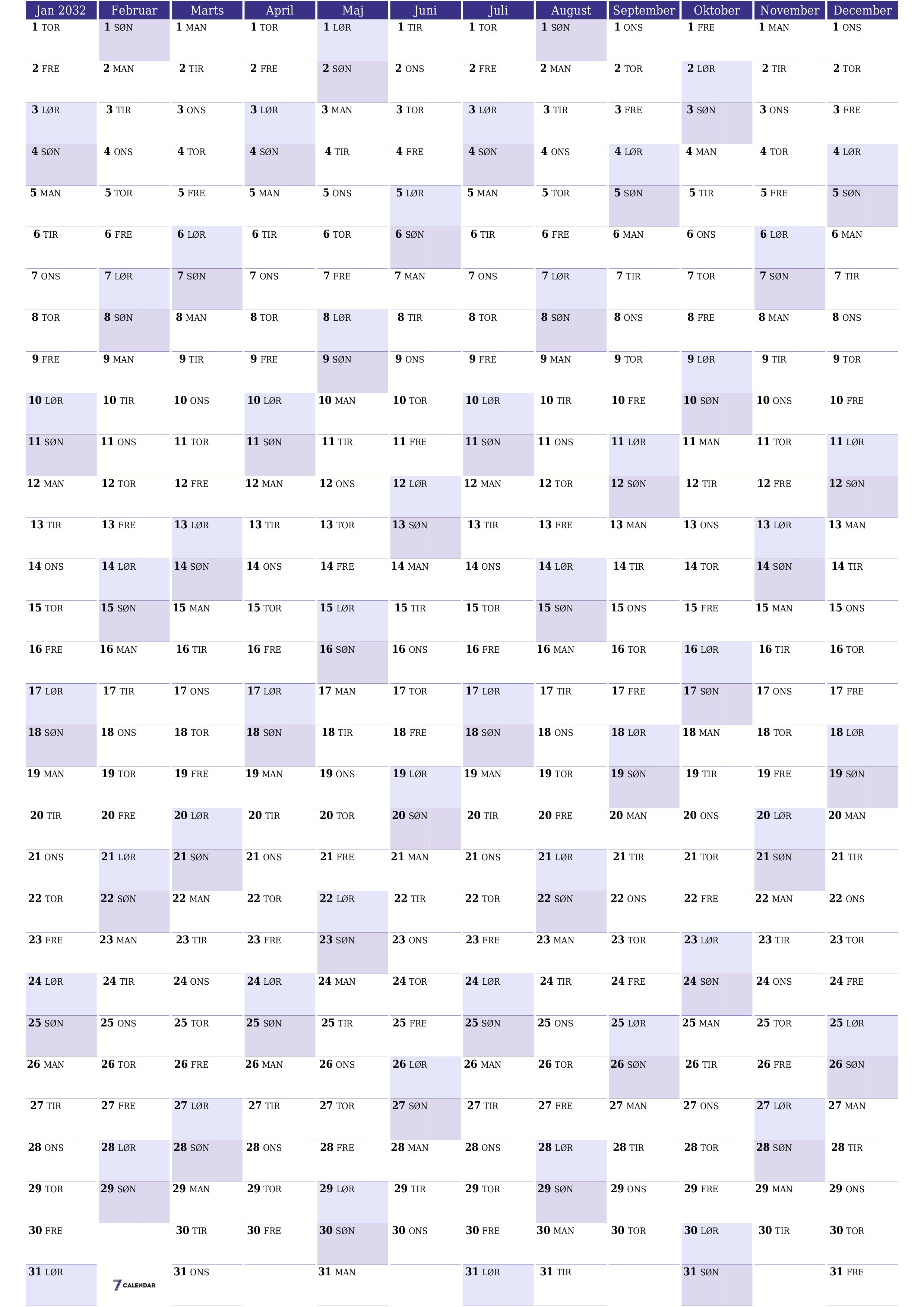 Tom årlig planlægningskalender for året 2032 med noter, gem og udskriv til PDF PNG Danish