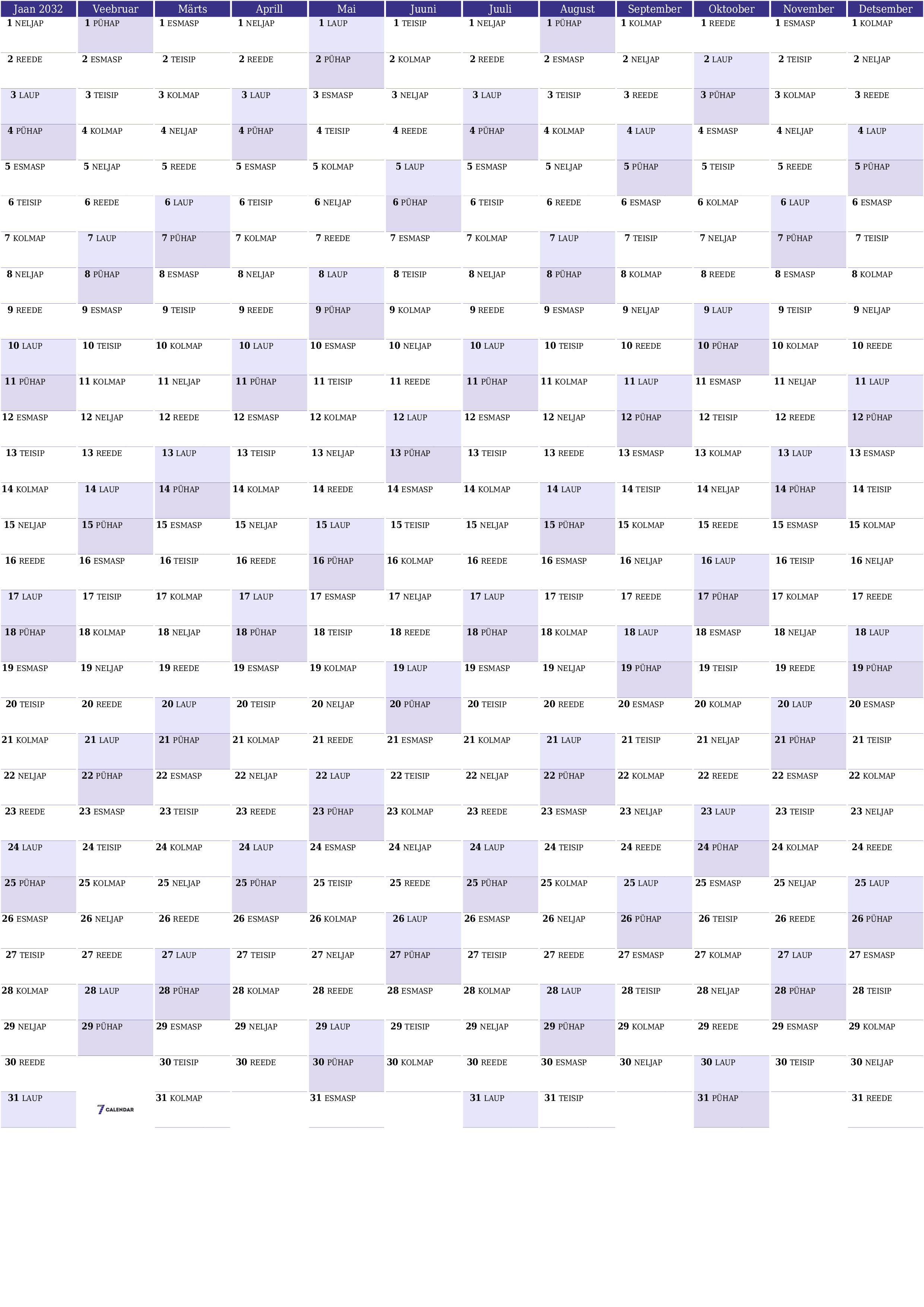 Tühi aasta planeerija kalender aastaks 2032 koos märkmetega, salvestage ja printige PDF-i PNG Estonian