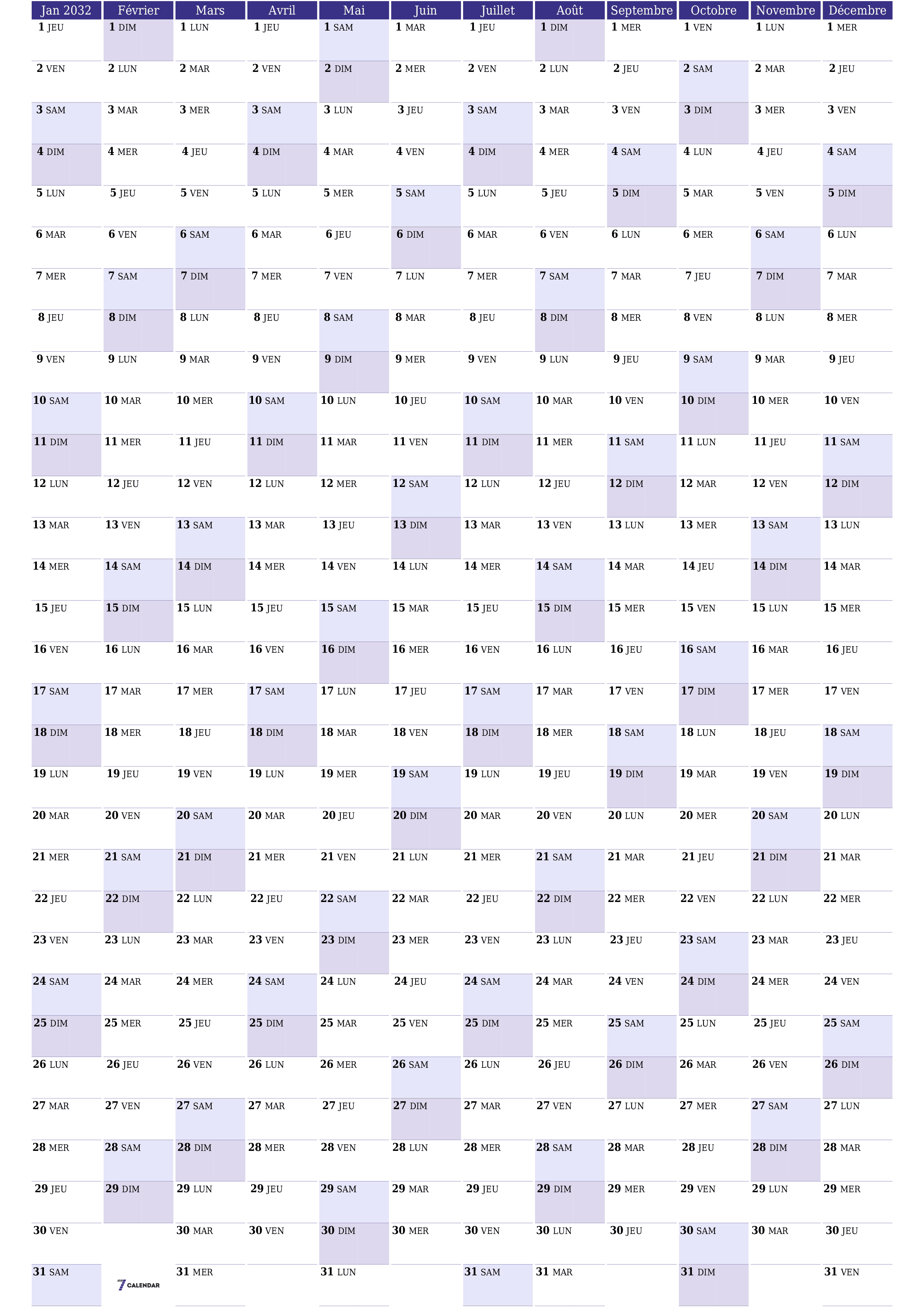 Calendrier annuel vide pour l'année 2032 avec notes, enregistrer et imprimer au format PDF PNG French