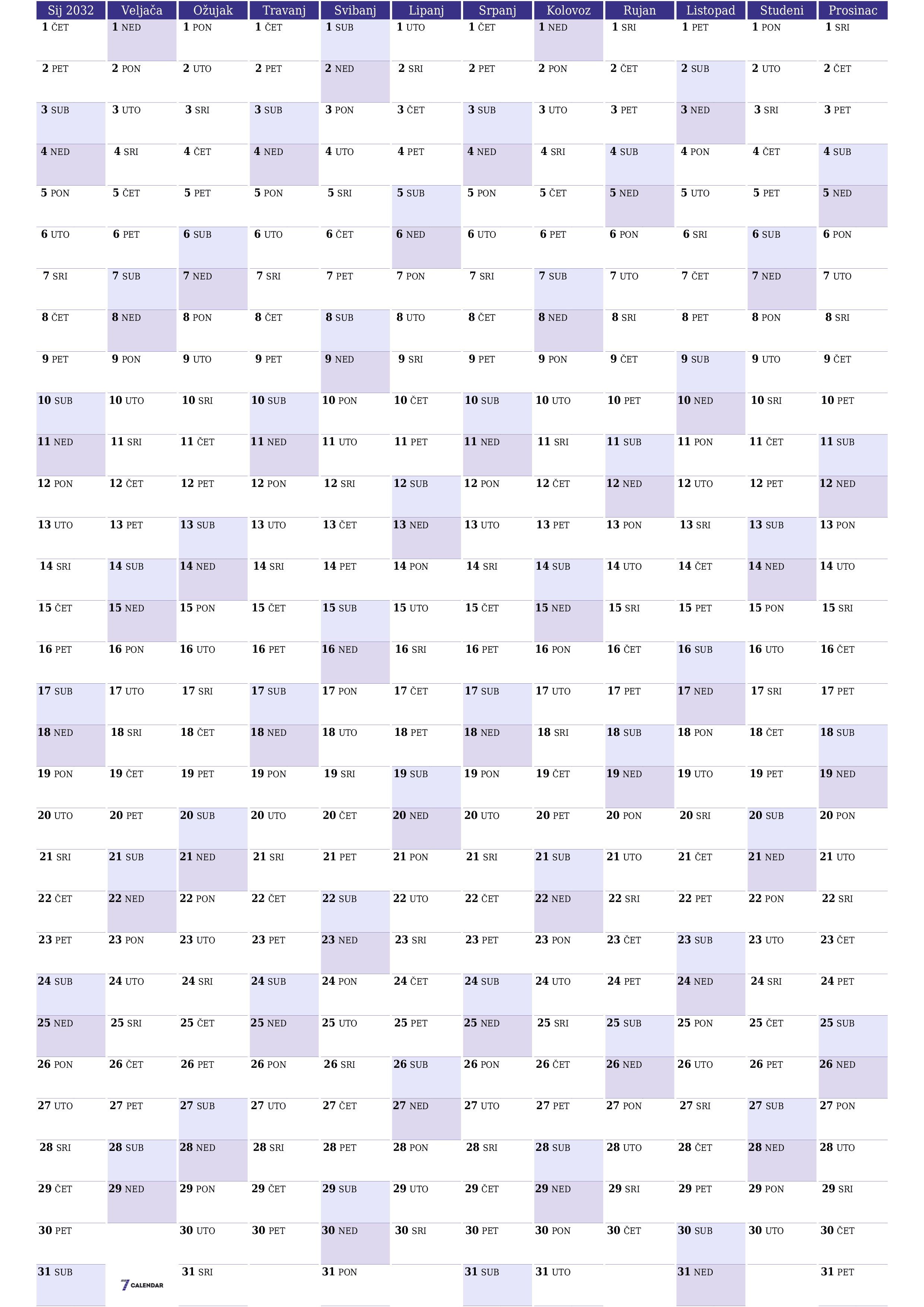 Ispraznite godišnji kalendar planera za godinu 2032 s bilješkama, spremite i ispišite u PDF PNG Croatian