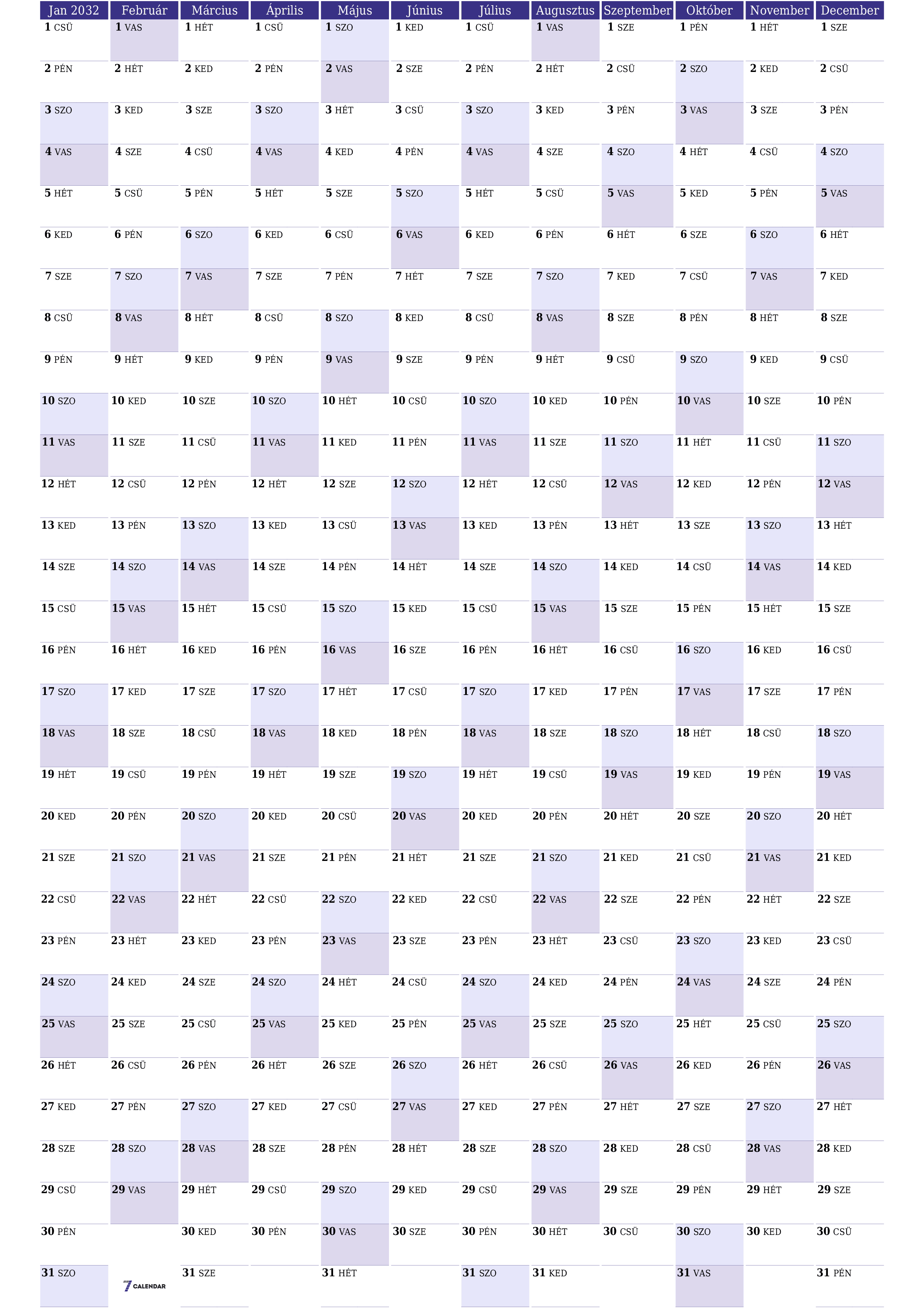 Üres éves tervezői naptár az évre 2032 jegyzetekkel, mentés és nyomtatás PDF-be PNG Hungarian