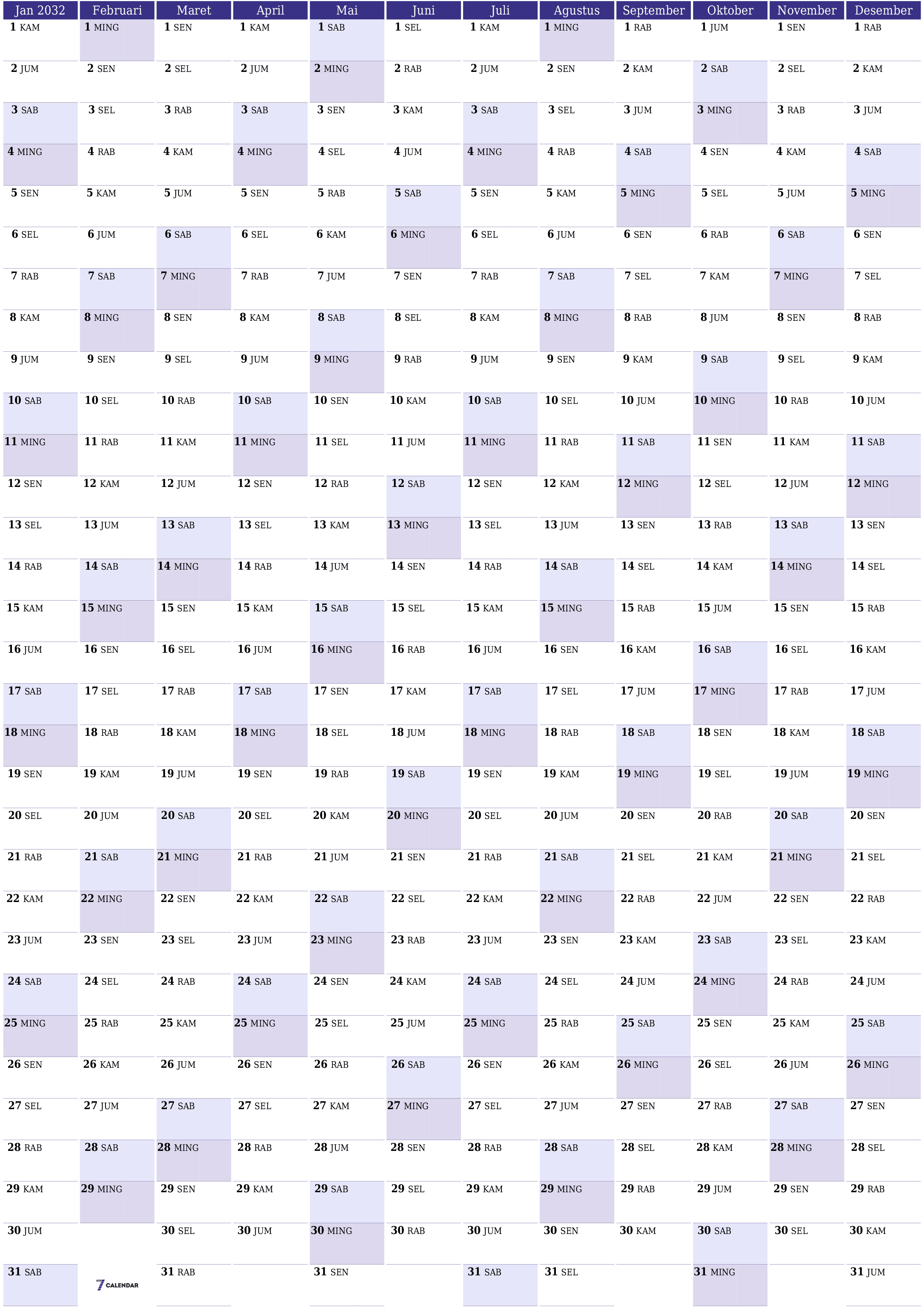 Kosongkan kalender perencana tahunan untuk tahun ini 2032 dengan catatan, simpan dan cetak ke PDF PNG Indonesian