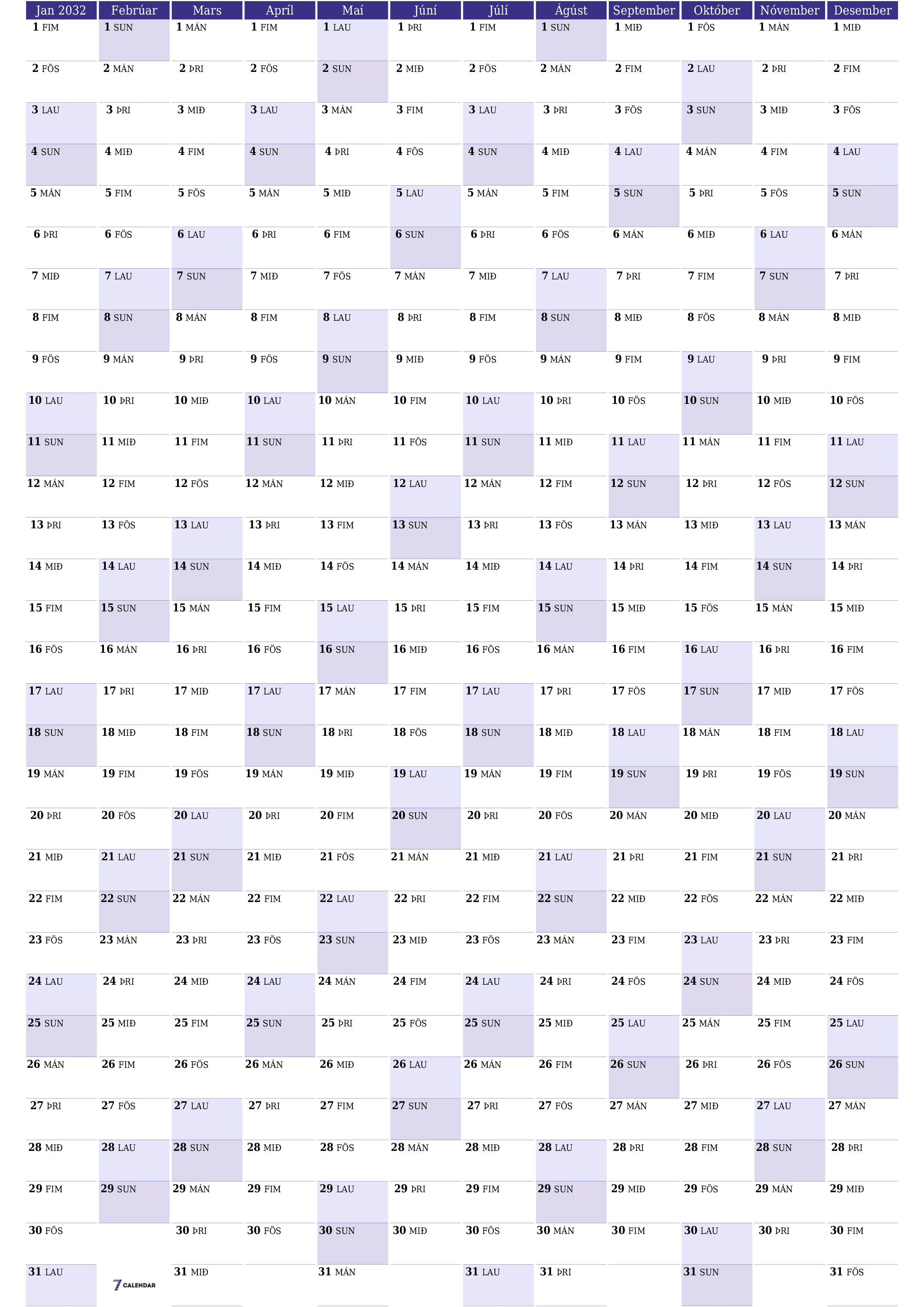 Tómt árlegt dagatal skipuleggjanda fyrir árið 2032 með athugasemdum, vista og prenta á PDF PNG Icelandic