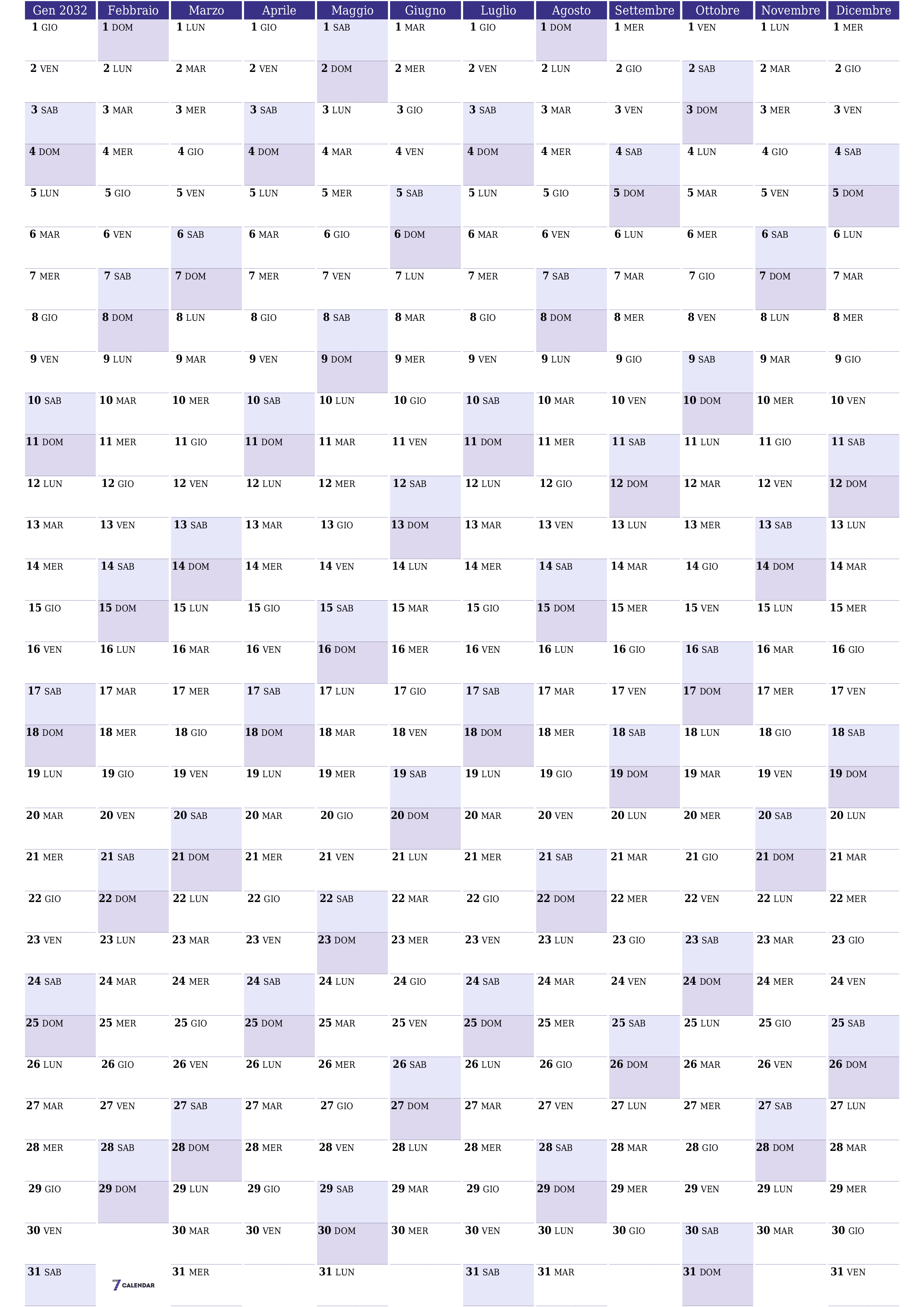 Calendario pianificatore annuale vuoto per l'anno 2032 con note, salva e stampa in PDF PNG Italian