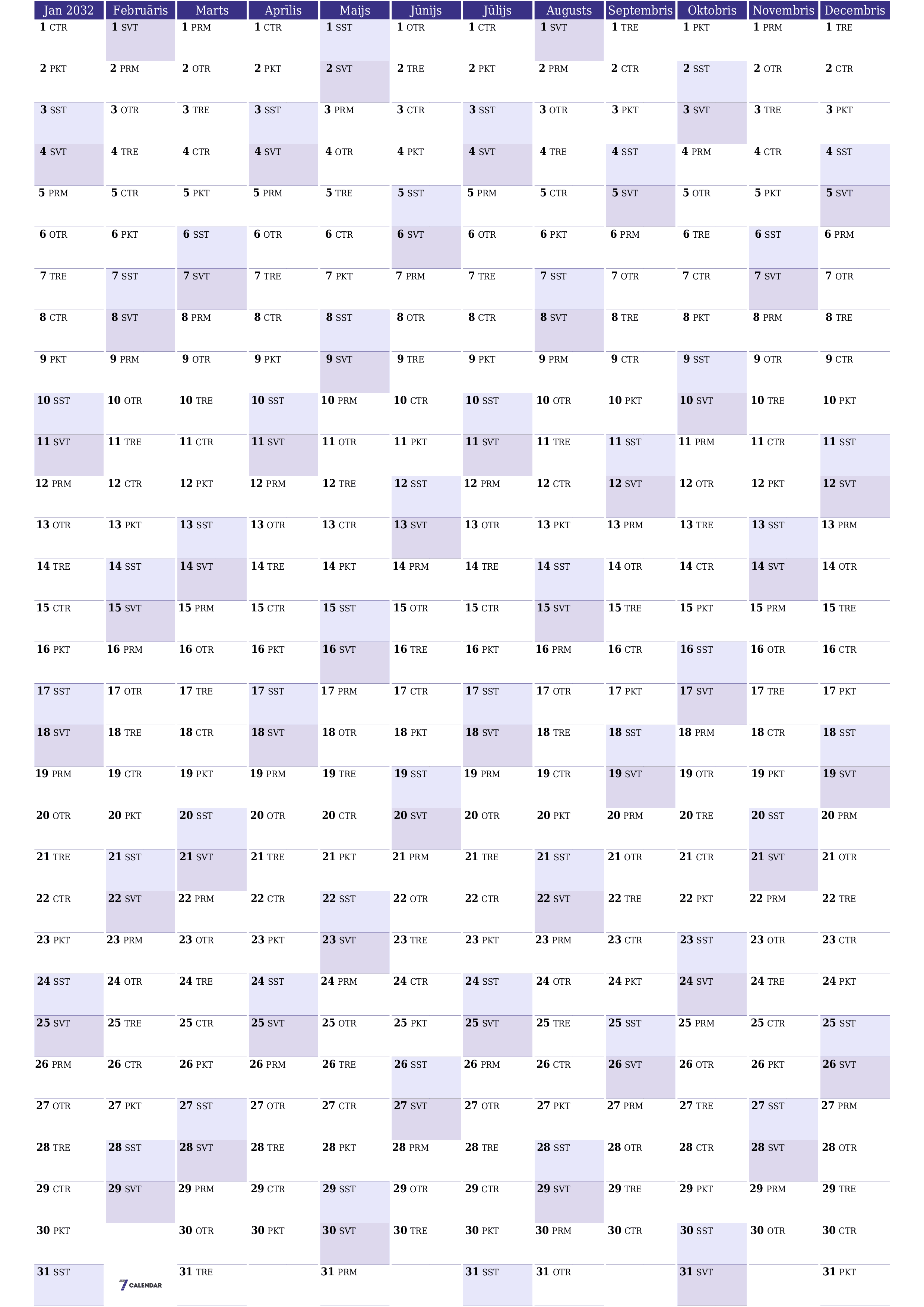 Tukšs gada plānotāja kalendārs gadam 2032 ar piezīmēm, saglabāšana un izdrukāšana PDF formātā PNG Latvian